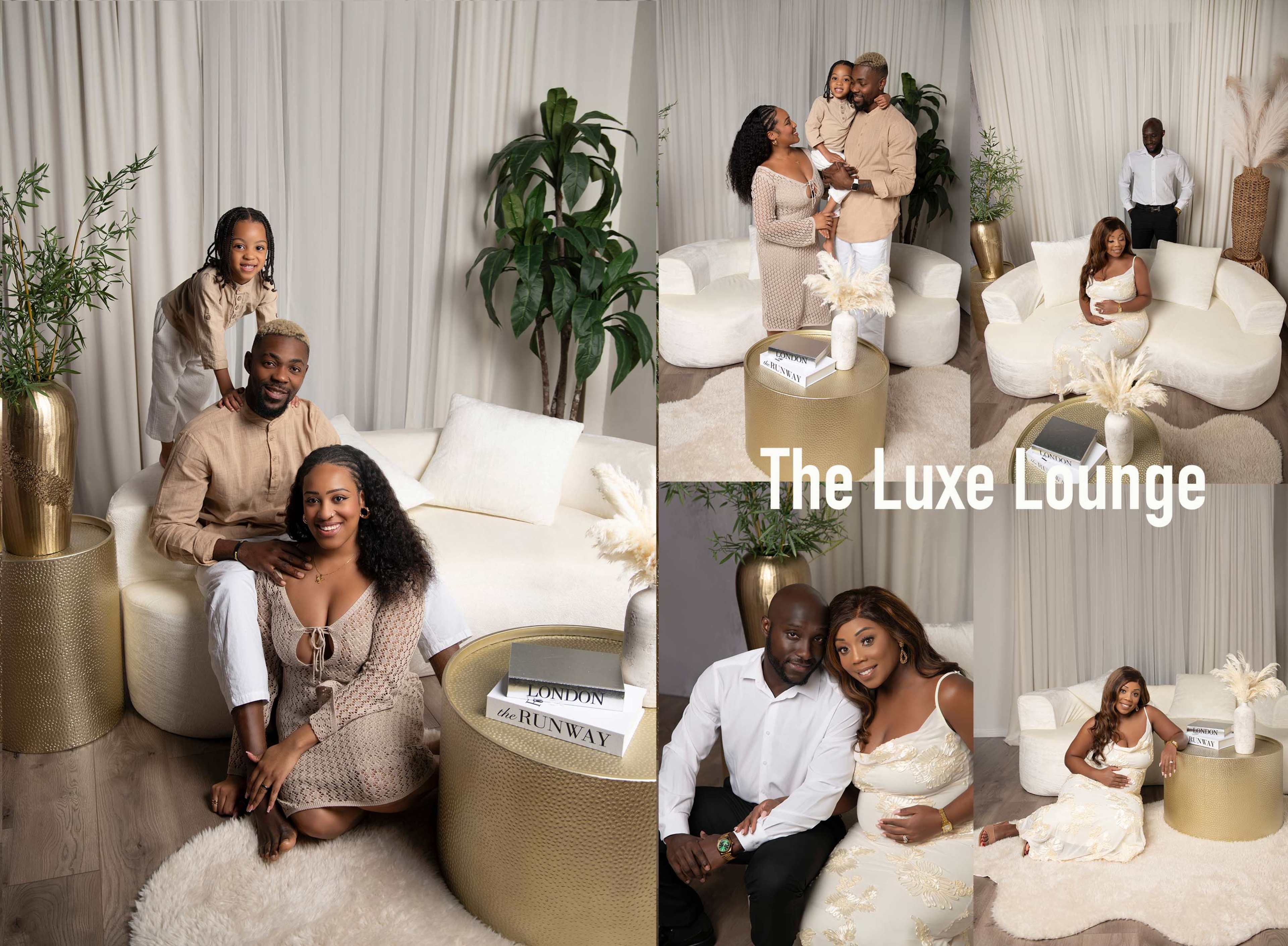 The image features a cozy, stylish lounge scene with two couples and a child posing together on plush furniture, surrounded by decorative plants and modern accessories.