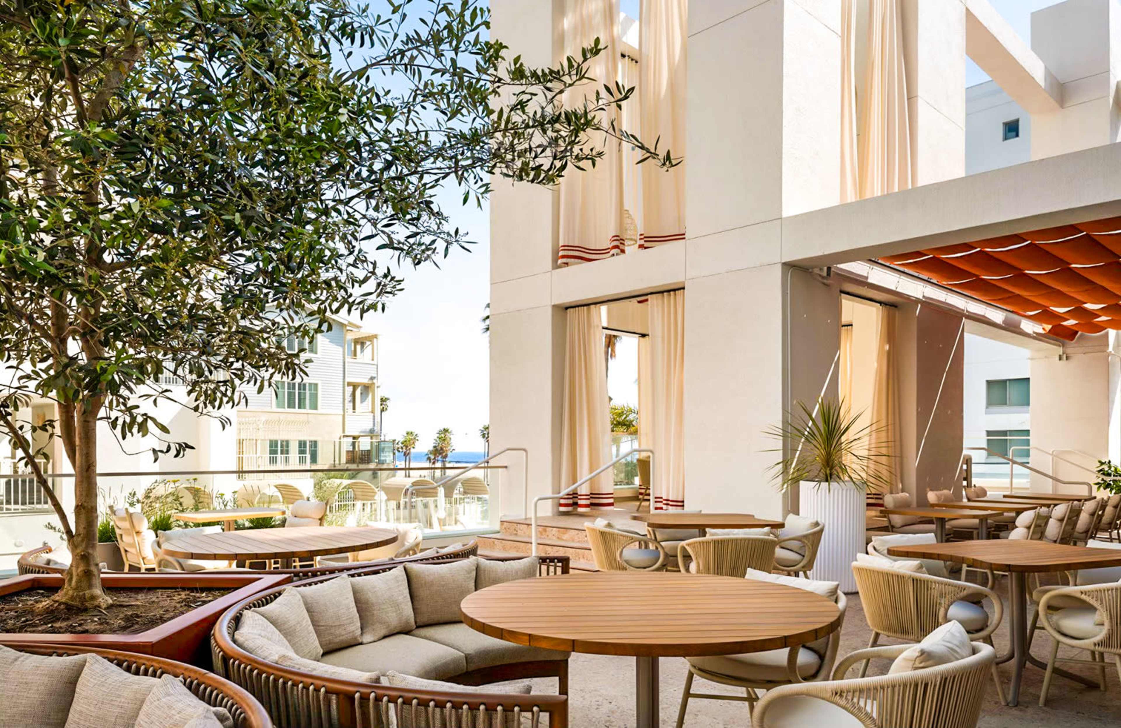 The image shows a modern outdoor lounge area with circular wooden tables, comfortable seating, and plants against a backdrop of a building and a clear sky.