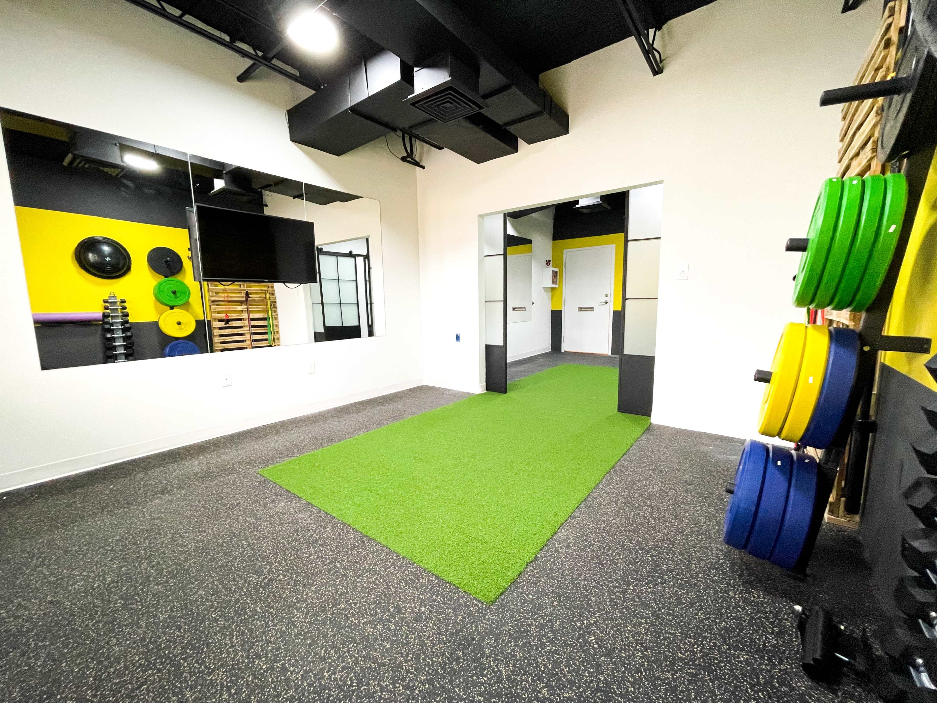 A modern gym interior featuring a green turf pathway, mirrored walls, and exercise weights mounted on a rack.