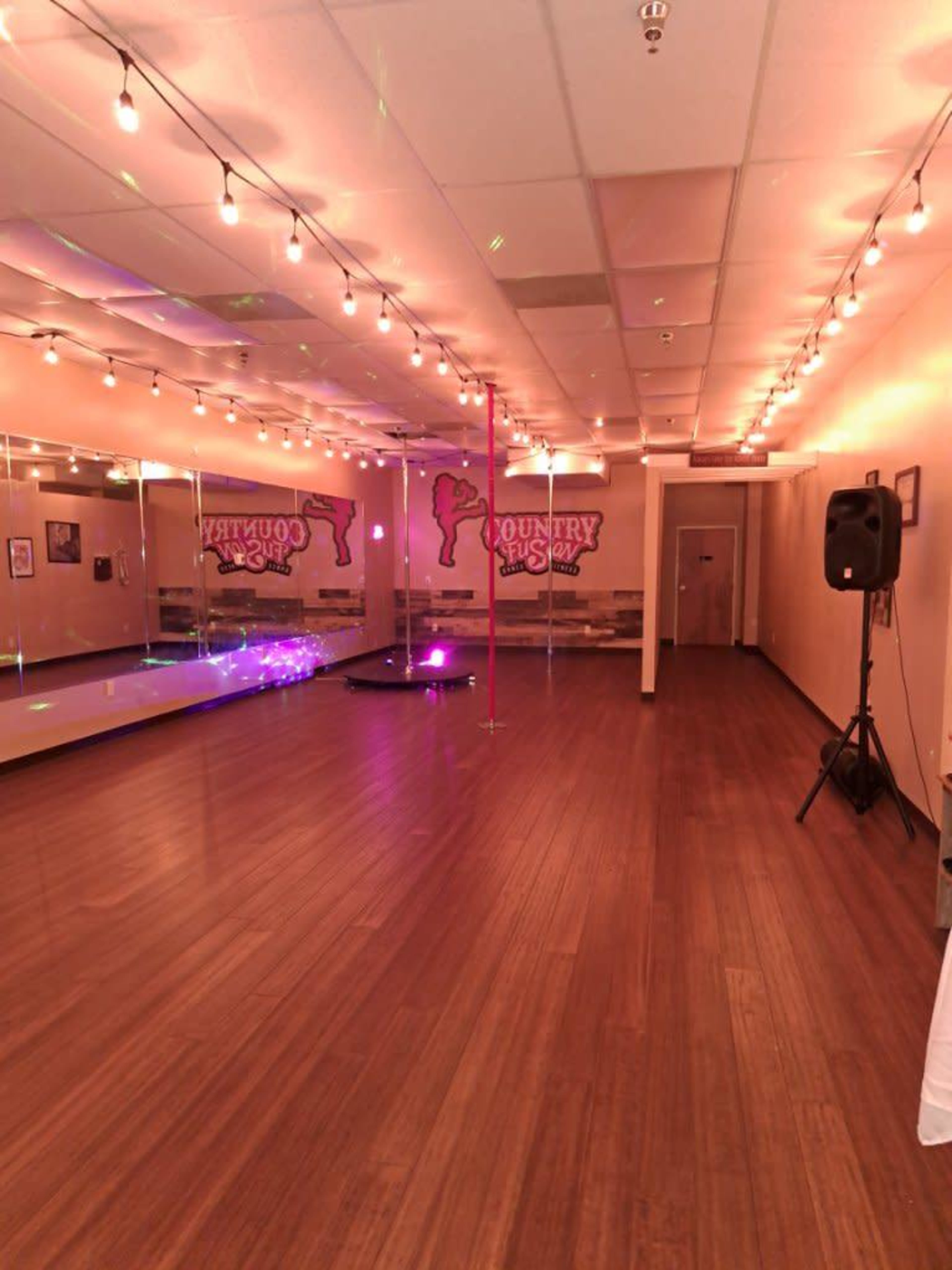 A spacious dance studio with wooden flooring, mirrored walls, colorful lighting, and a pole in the center.