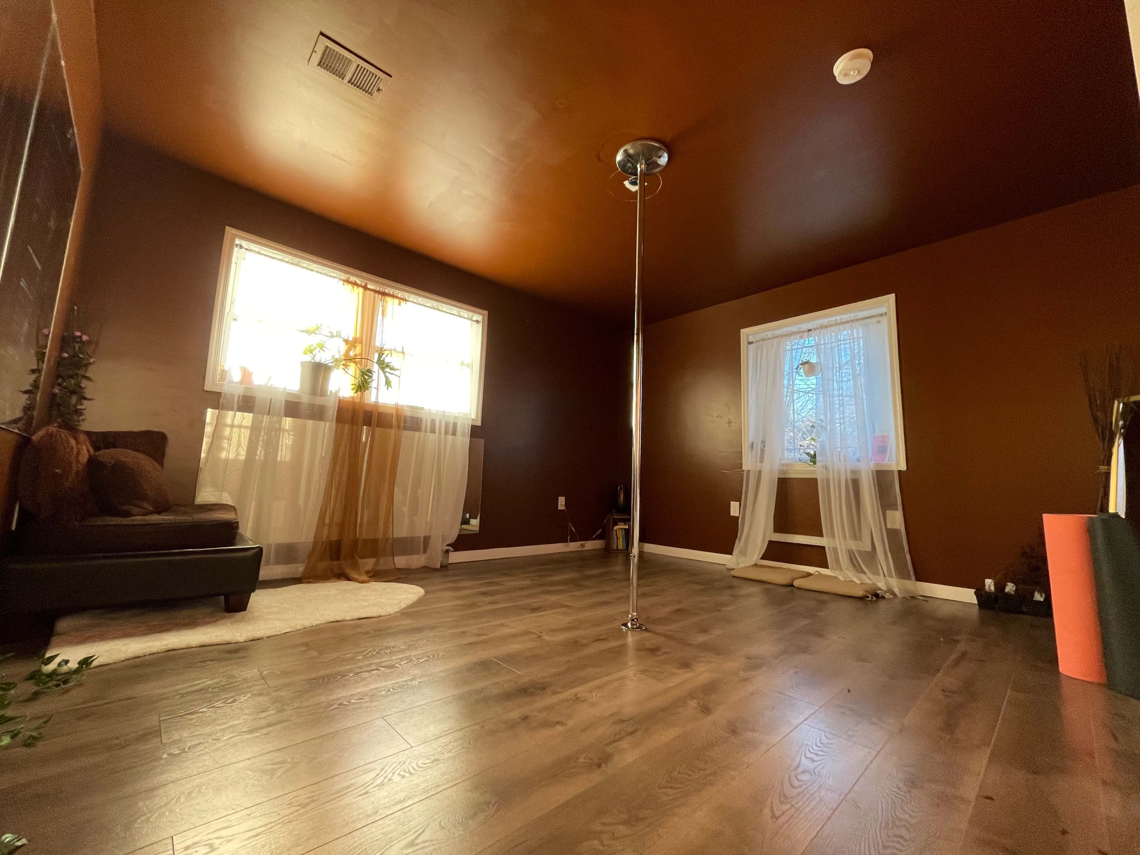 The room features a polished wooden floor, a ceiling-mounted pole, a plush couch, and large windows adorned with sheer curtains.