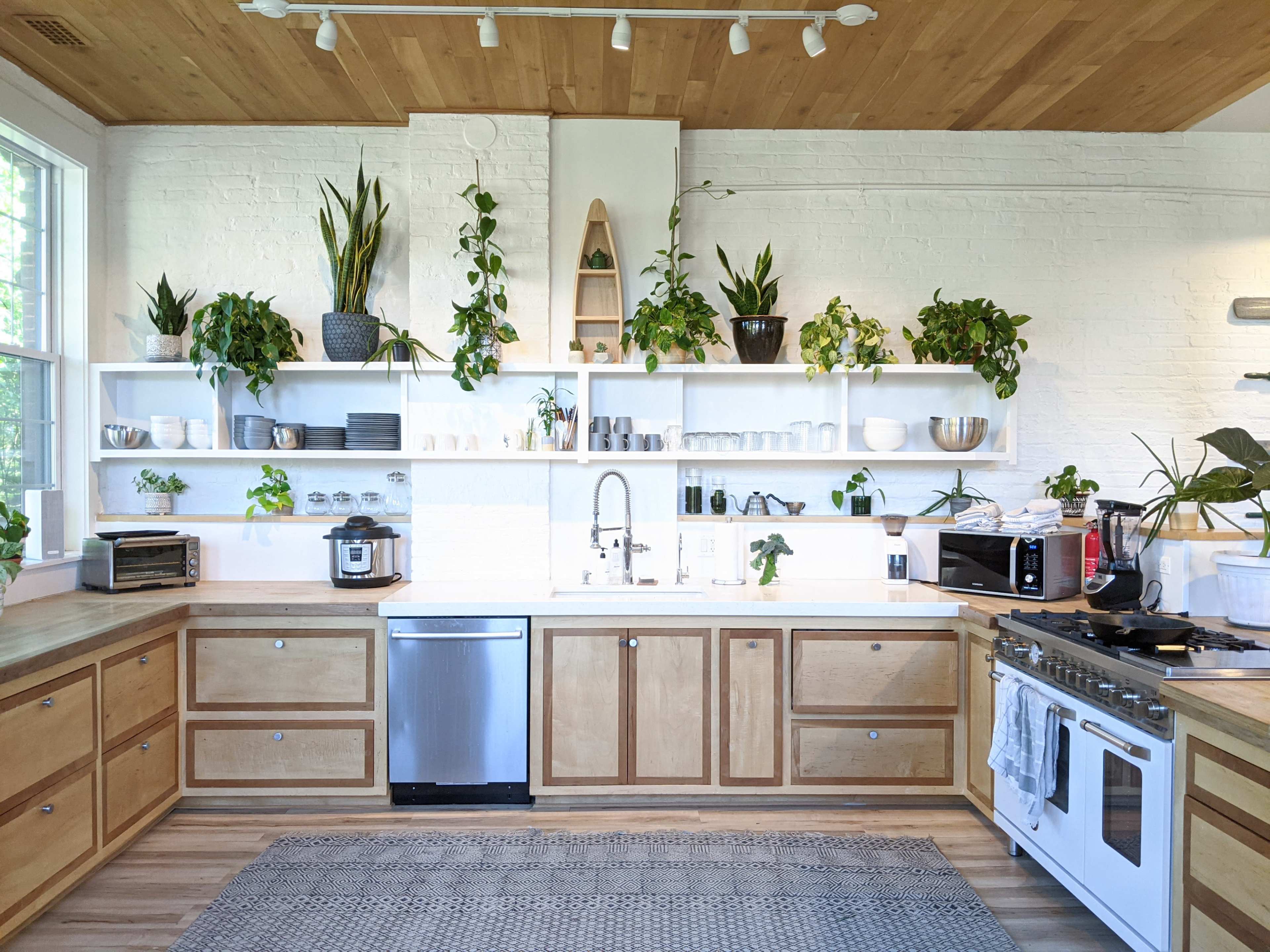 A modern kitchen features open shelving filled with plants and kitchenware, wooden cabinets, and stainless steel appliances.