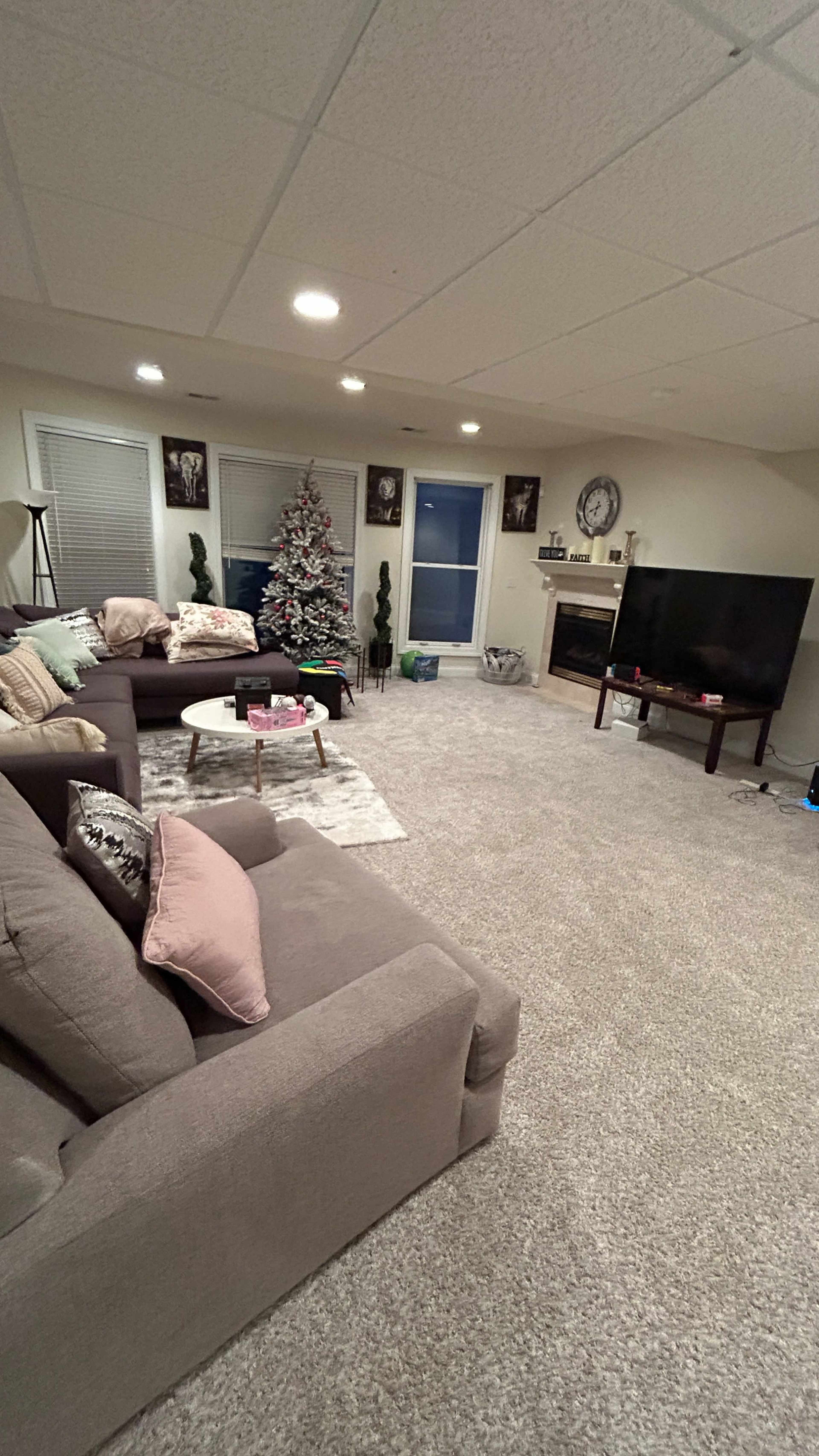 The image shows a spacious living room with a light-colored carpet, a large television, a Christmas tree, and two sofas arranged around a coffee table.