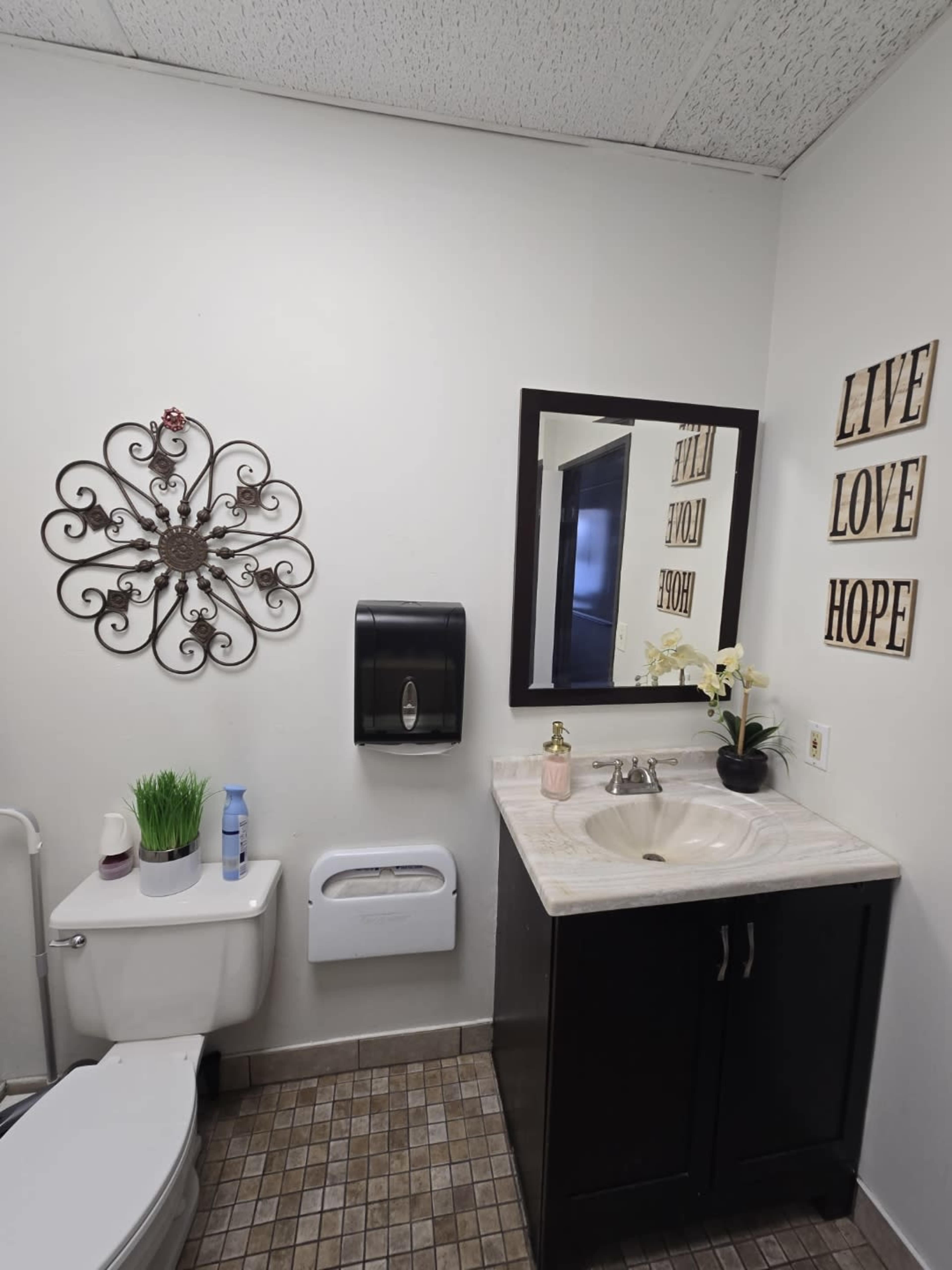 The image shows a small bathroom featuring a toilet, a sink with a dark cabinet, a wall-mounted soap dispenser, decorative wall art, and a small plant.