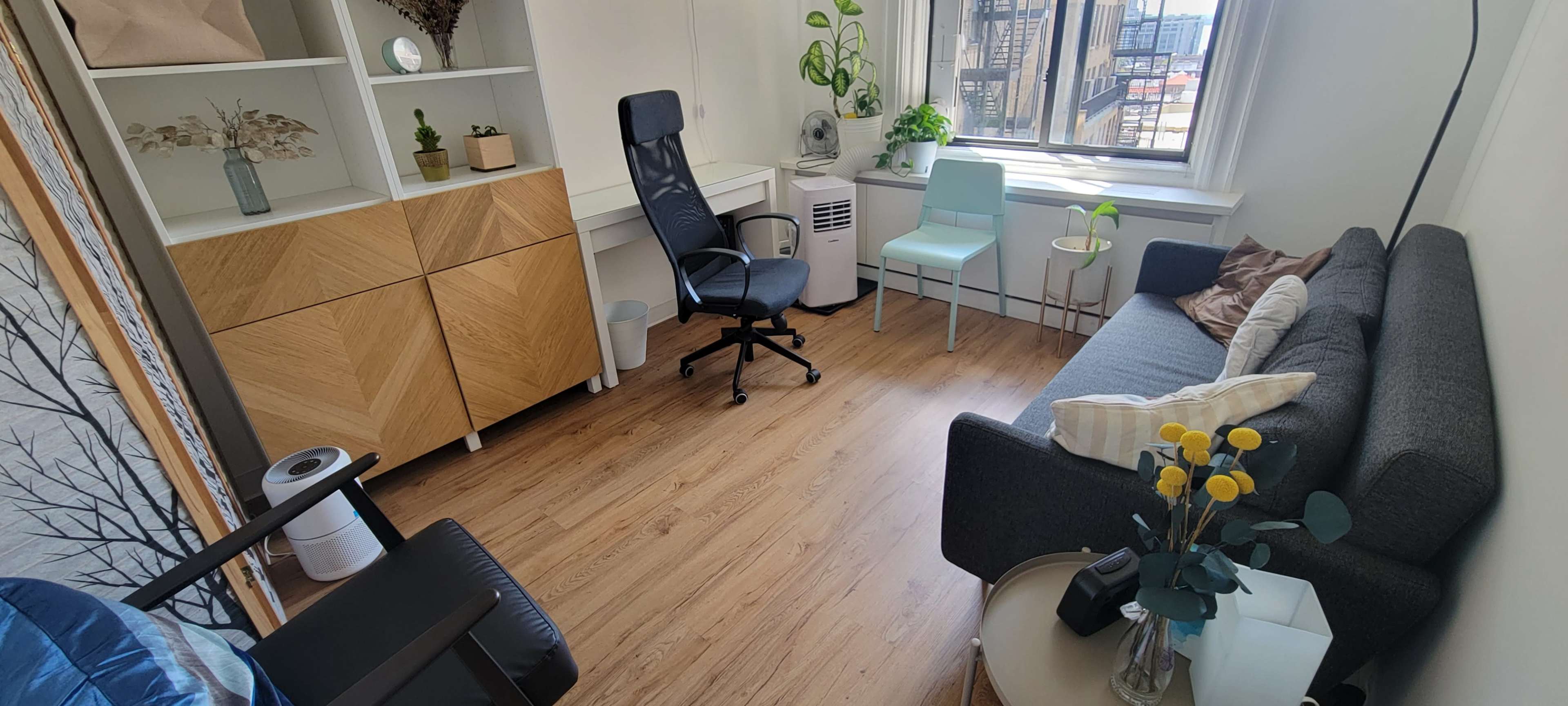 A small room features a gray sofa, a desk with a black chair, and light wood storage cabinets, with plants on windowsills and shelves.