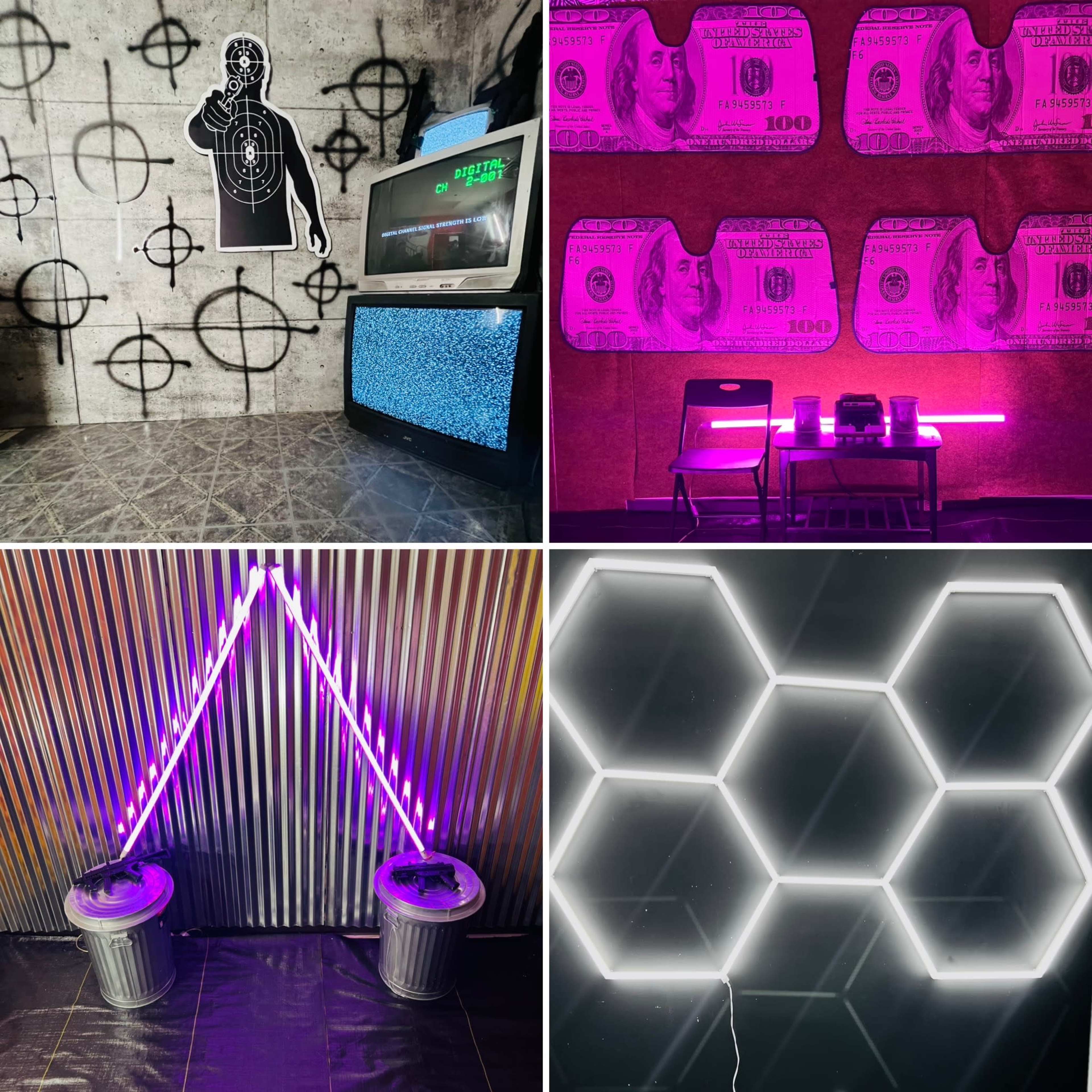 The image features a collection of four distinct scenes: a retro television with a figure and target patterns on the wall, a backdrop of large $100 bills, neon lights arranged in a geometric pattern, and a display of hexagonal light fixtures.
