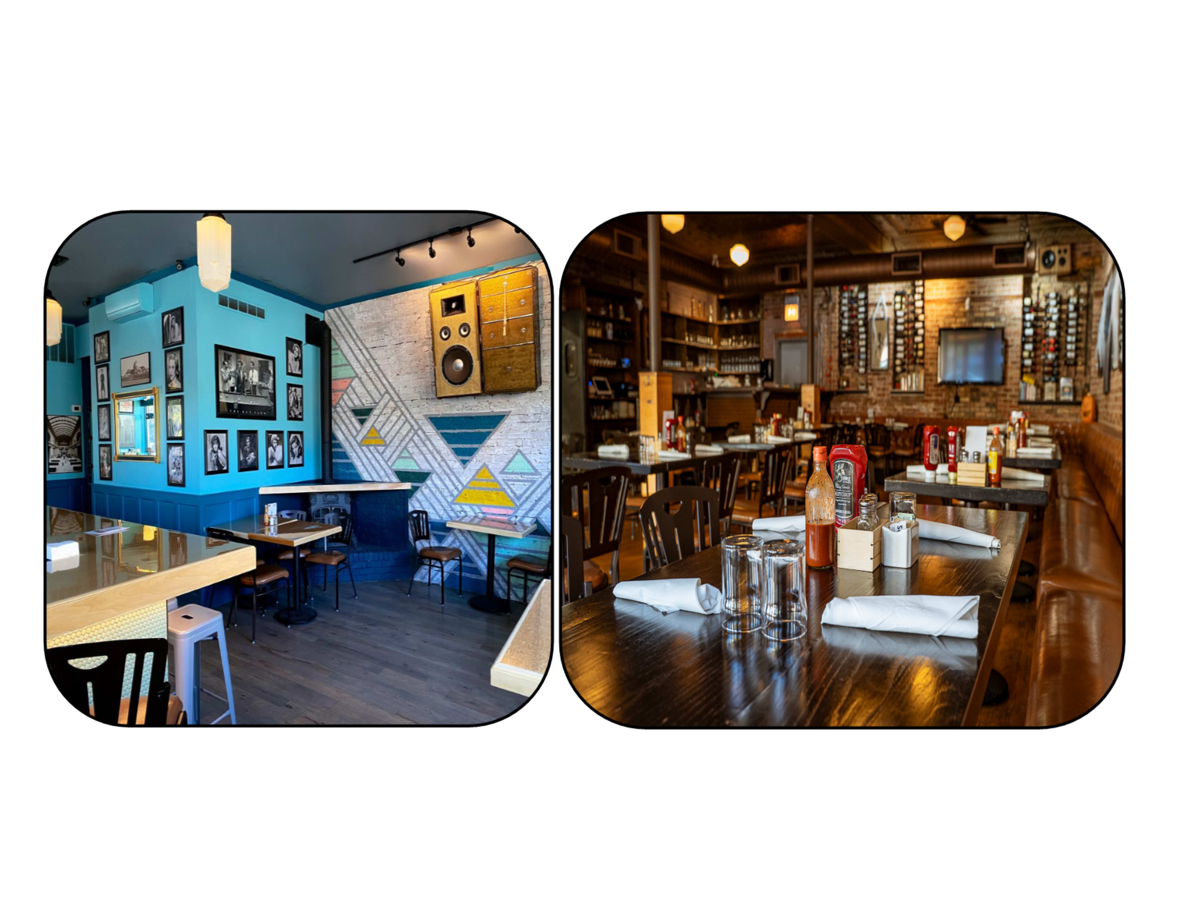 The left image shows a brightly colored restaurant interior with blue walls adorned with art, while the right image features a rustic dining area with wooden tables and a bar lined with bottles.
