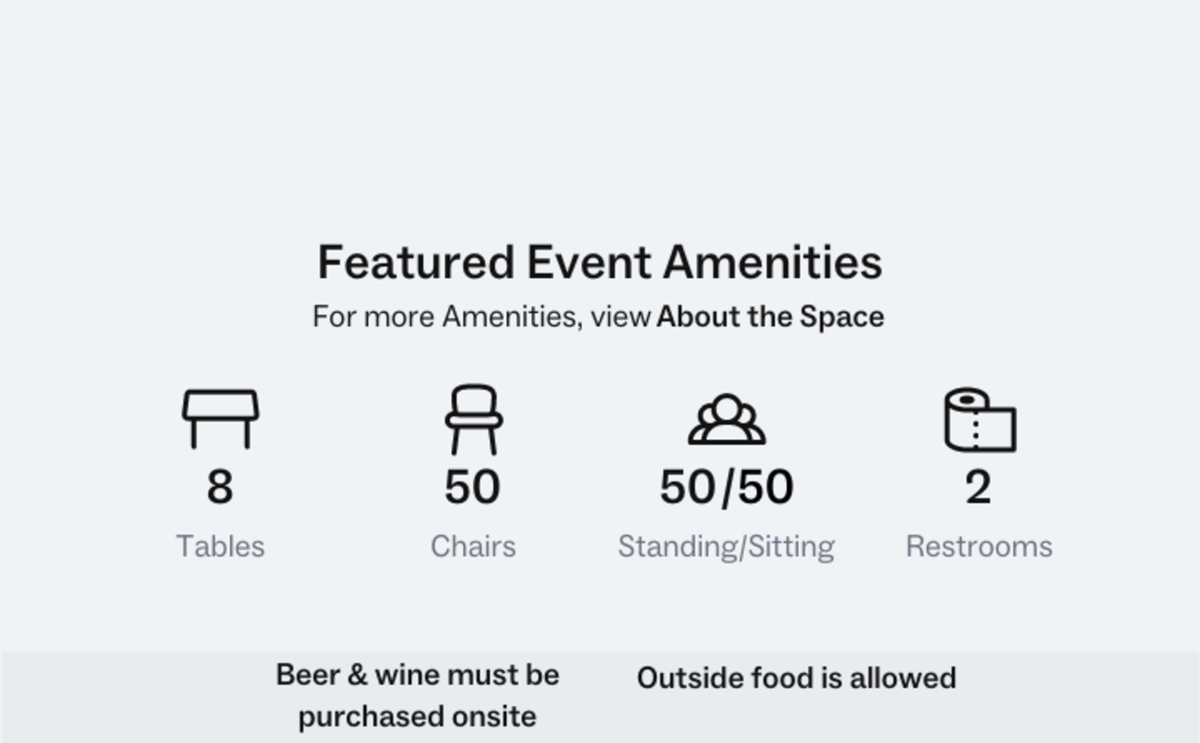 The image displays a list of event amenities, including the numbers of tables, chairs, standing/sitting capacity, and restrooms available.