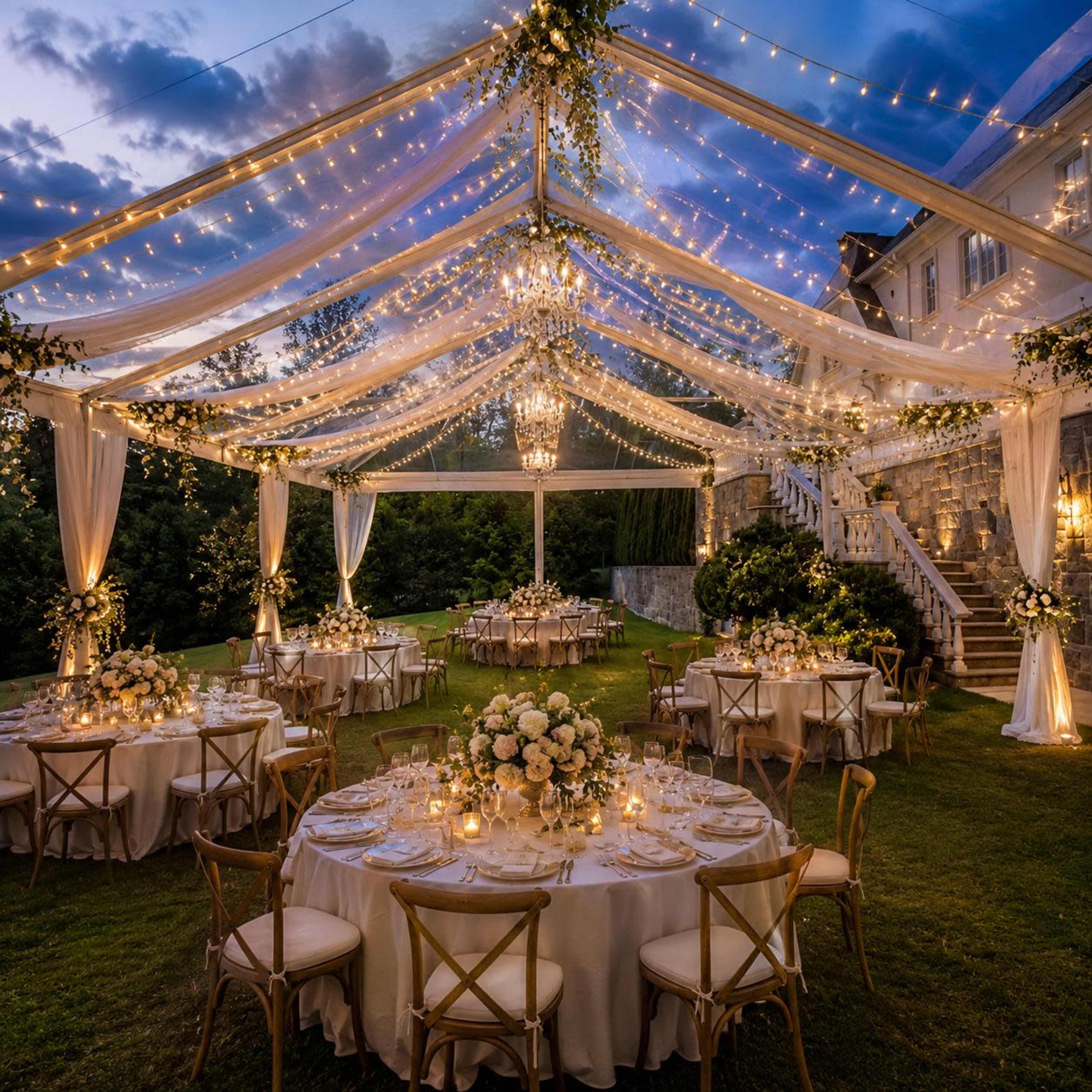 A beautifully decorated outdoor event space features elegantly set tables under a canopy adorned with string lights and floral arrangements.