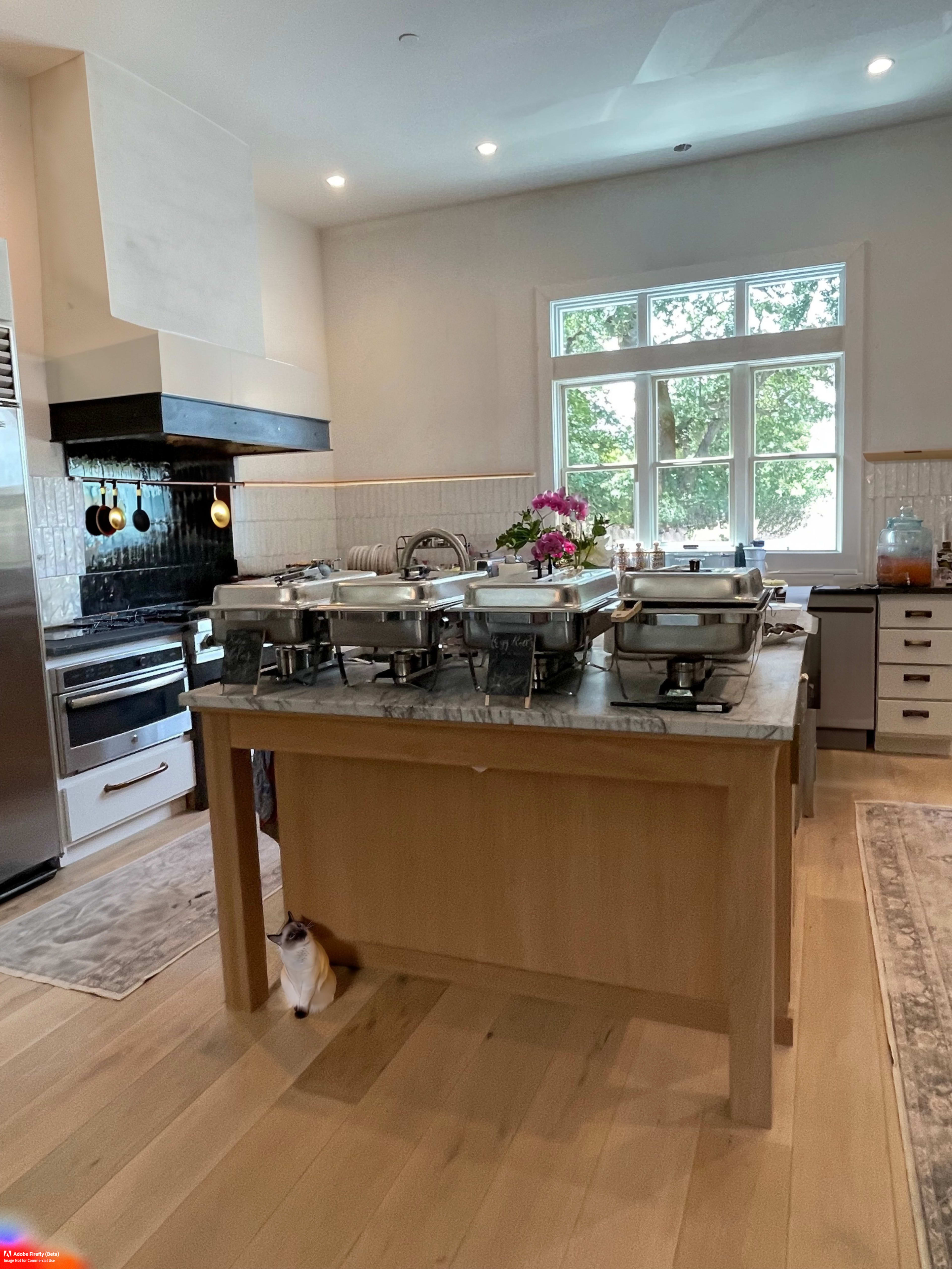 A modern kitchen with a central island featuring several food warming trays and a well-lit area with windows overlooking greenery.