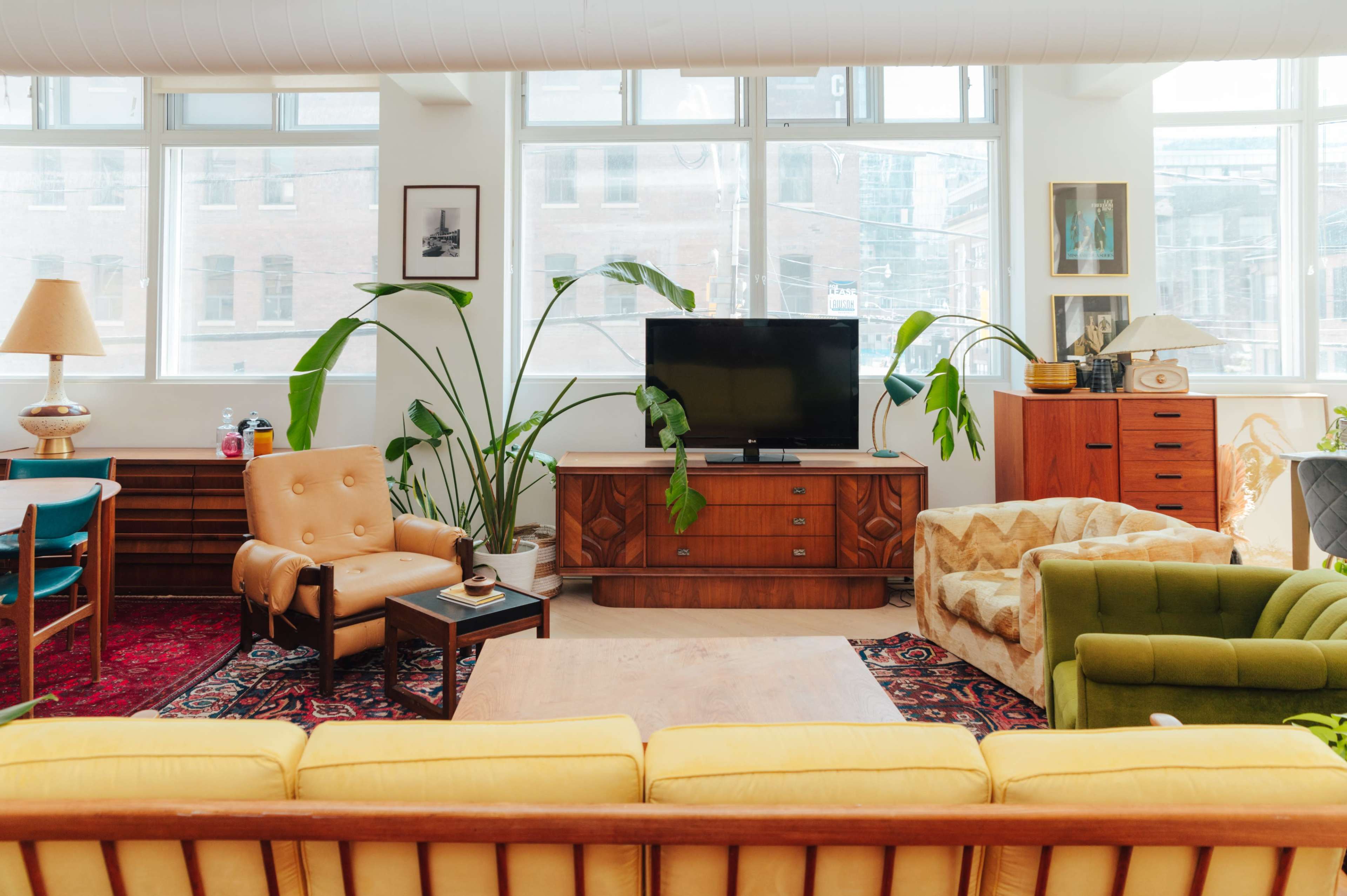 A well-lit living room features a large window, a television, various plants, and a mix of vintage furniture, including two armchairs and a yellow sofa.