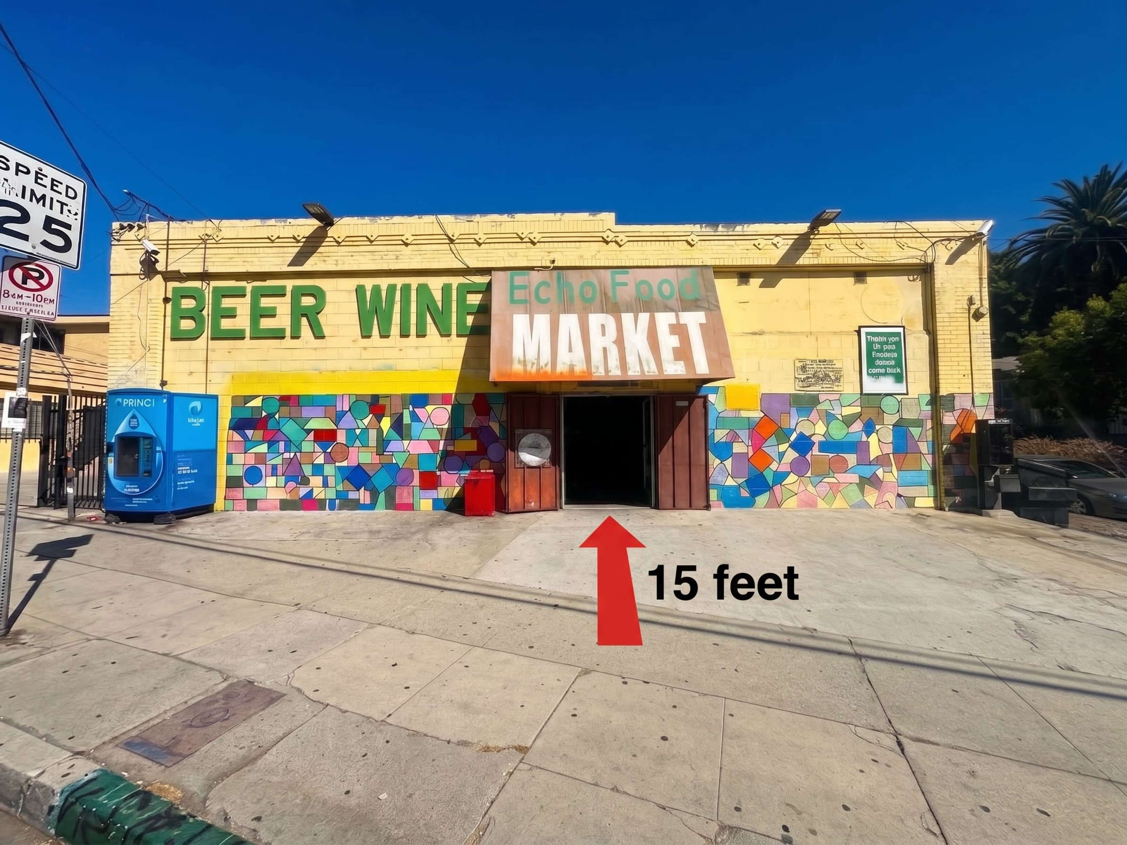 The image shows a colorful storefront labeled "ECHO FOOD MARKET" with a sign indicating "15 feet" pointing towards the entrance.