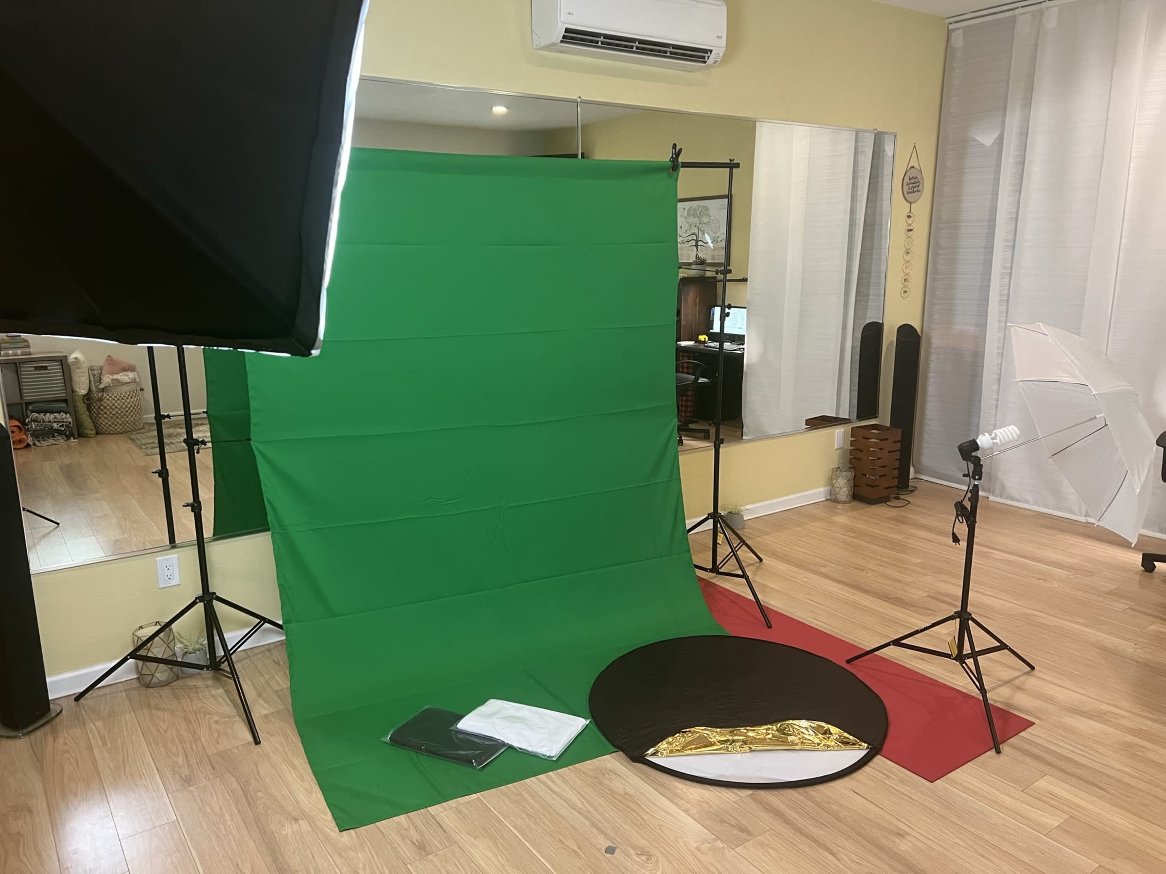 A photography setup with a green backdrop, lighting equipment, and a circular reflector positioned on the floor.