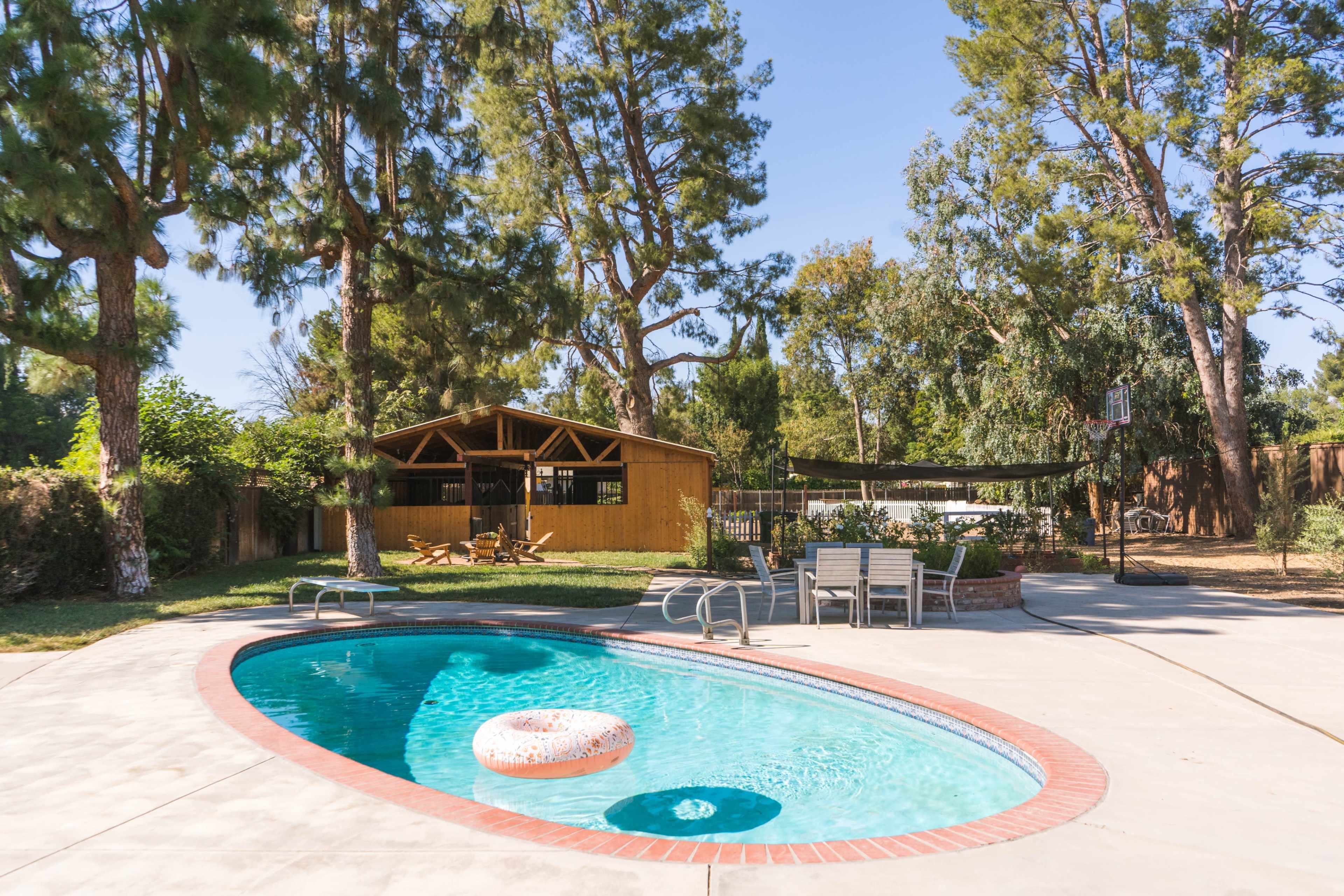 A clear swimming pool with a floating ring is surrounded by a concrete patio and a wooden cabin, set among tall trees in a sunny outdoor area.