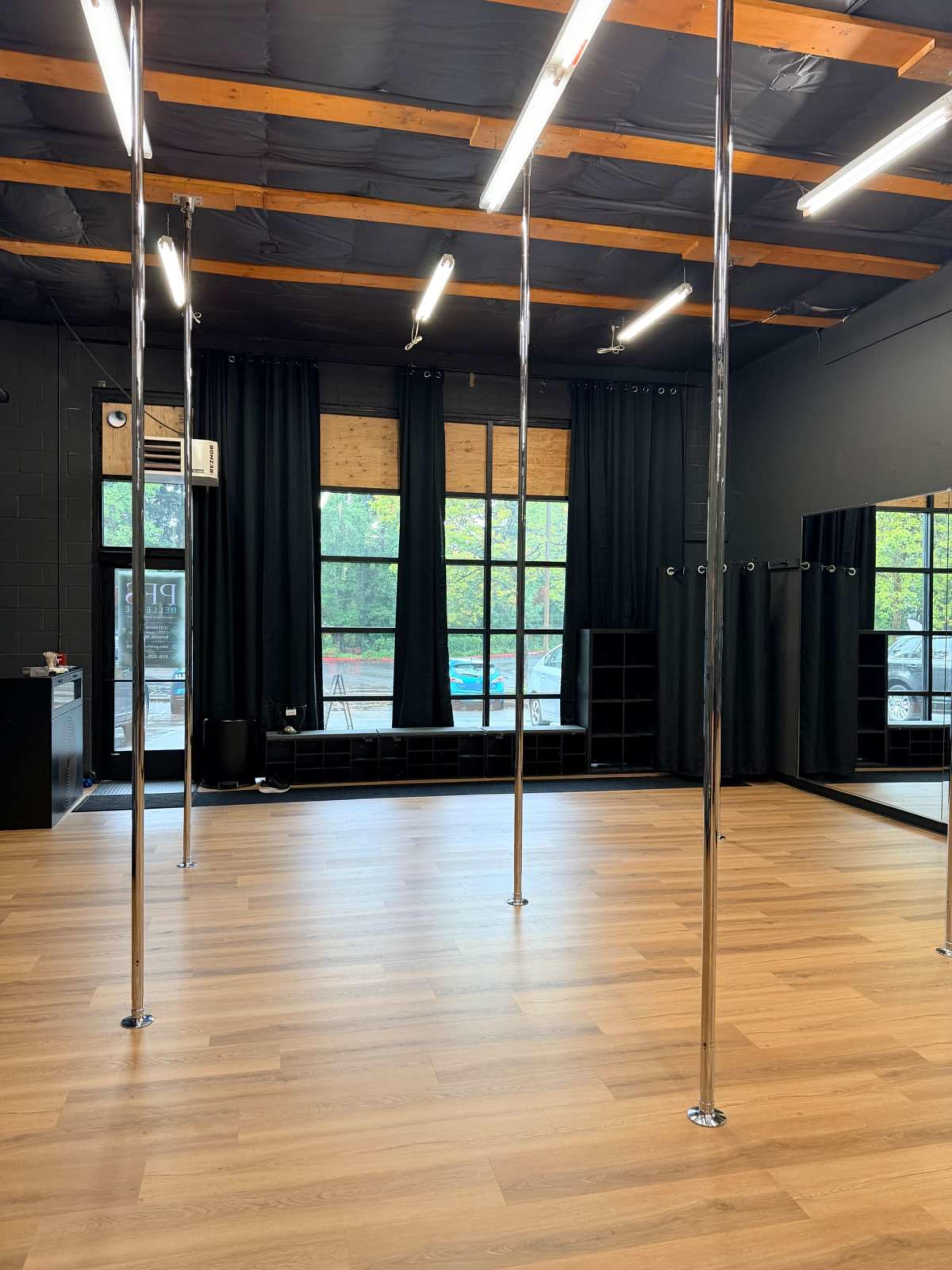 The image shows an indoor studio featuring several polished metal poles, a wooden floor, large windows with black curtains, and mirrors along one wall.