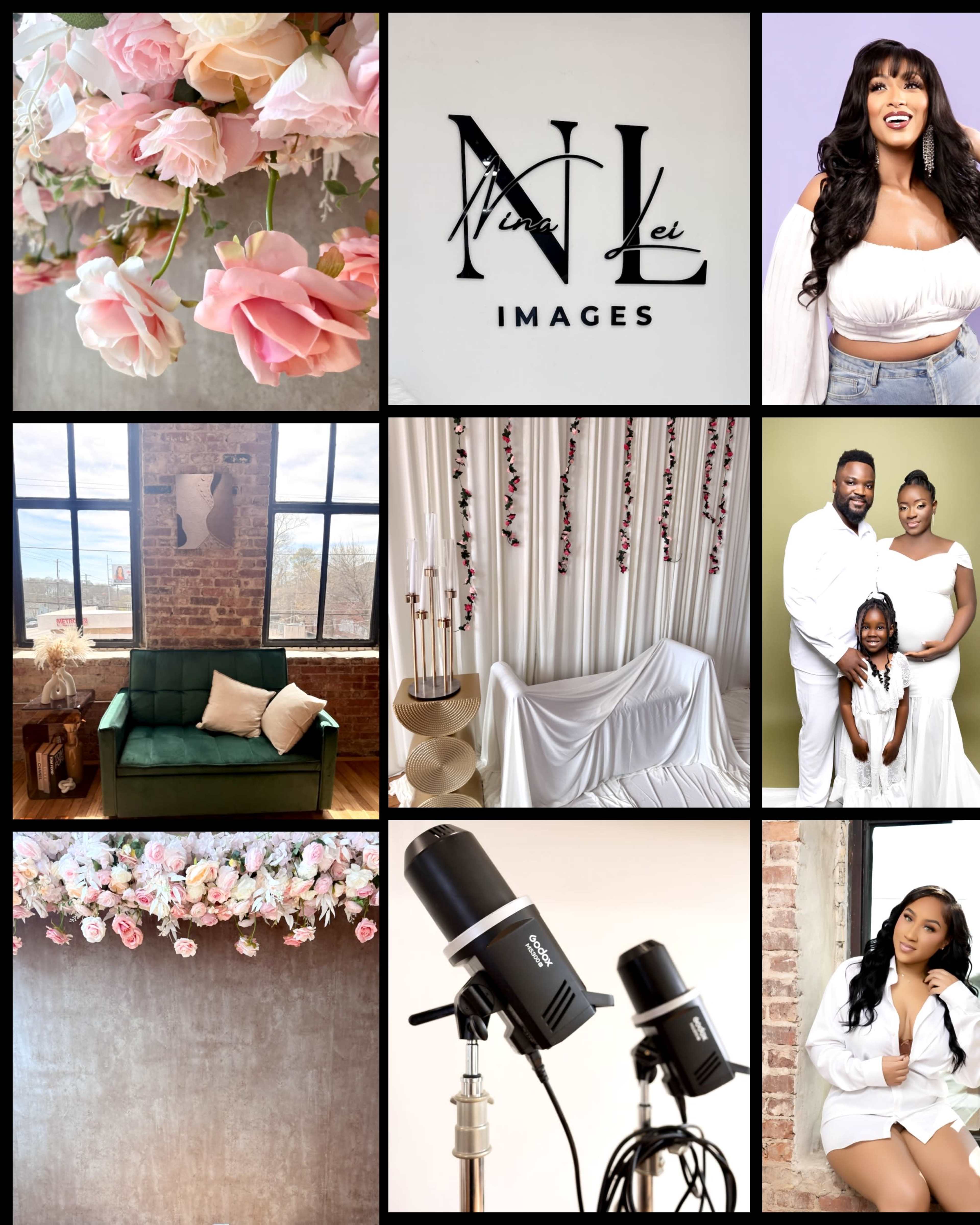 The image collage features various scenes, including floral arrangements, a logo for "NL Images," a styled living space, a family portrait, and professional photography equipment.