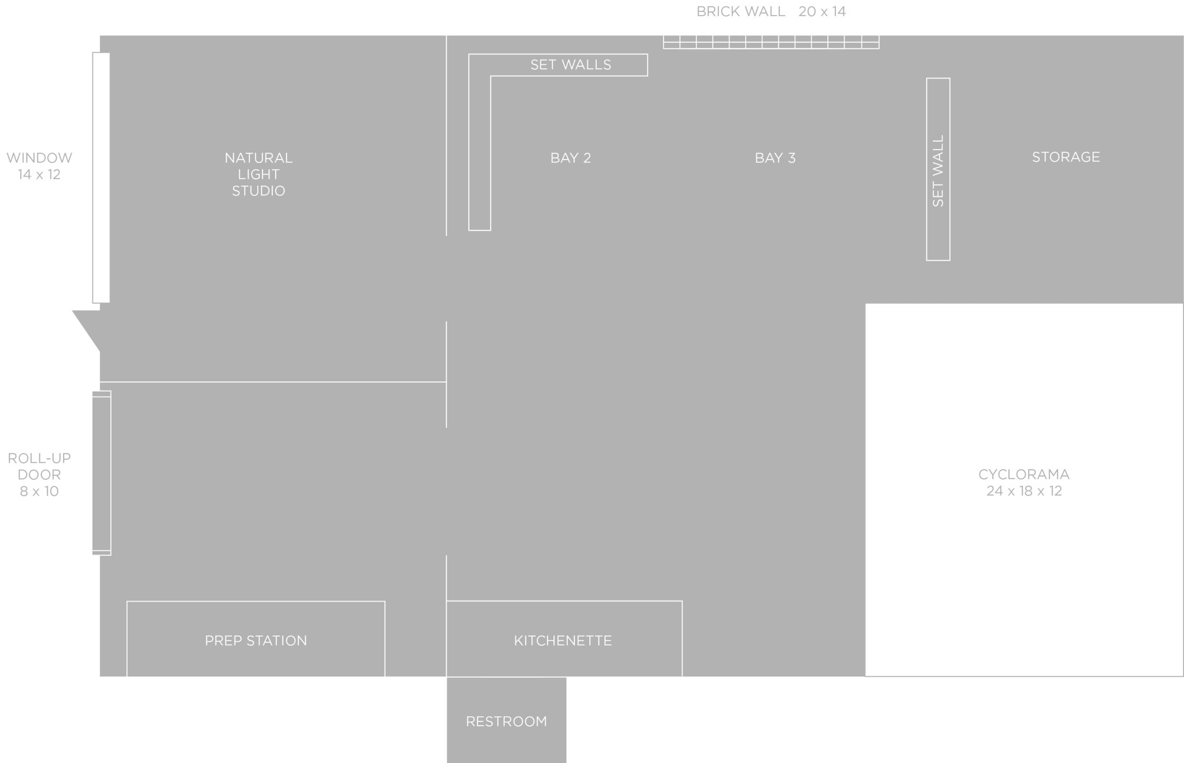 A floor plan of a studio space, detailing various areas including a natural light studio, prep station, kitchenette, restroom, and storage, along with set walls and a cyclorama.