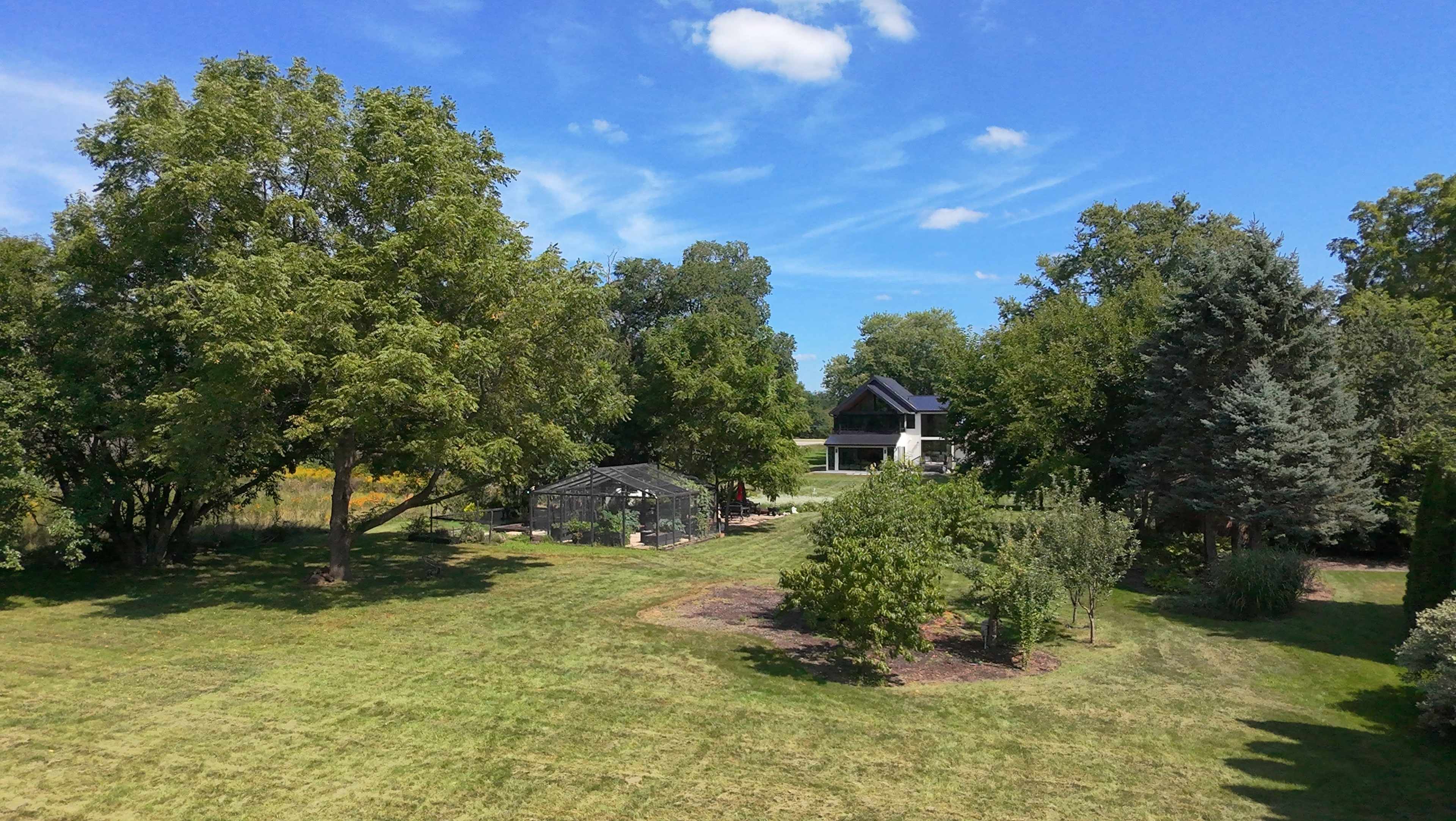 The image shows a spacious landscape with a green lawn, several trees, a greenhouse, and a house visible in the background under a bright blue sky.