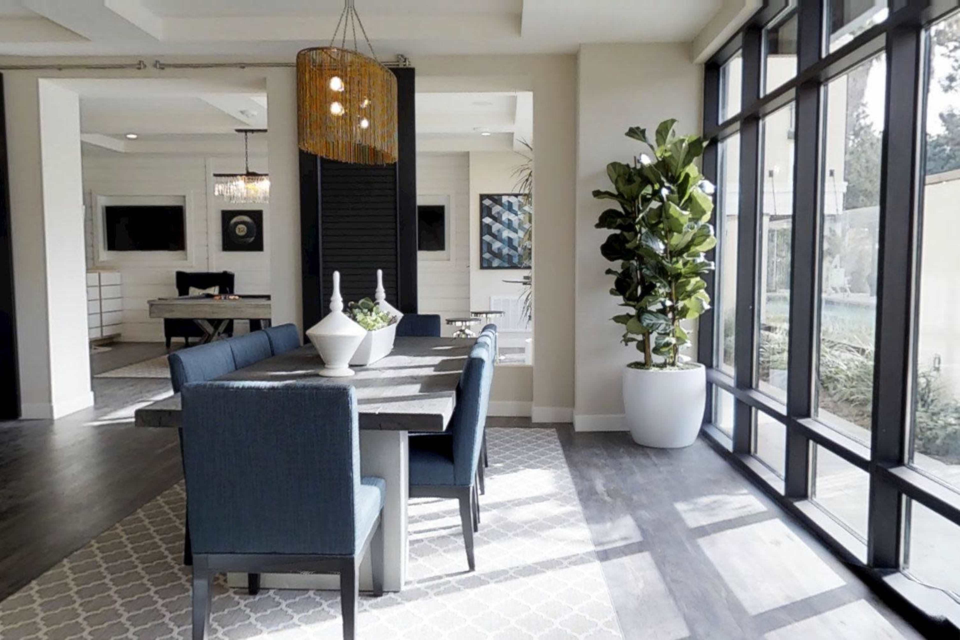 The image shows a modern dining area with a rectangular table, blue upholstered chairs, a large window letting in natural light, and a tall plant in a white pot.