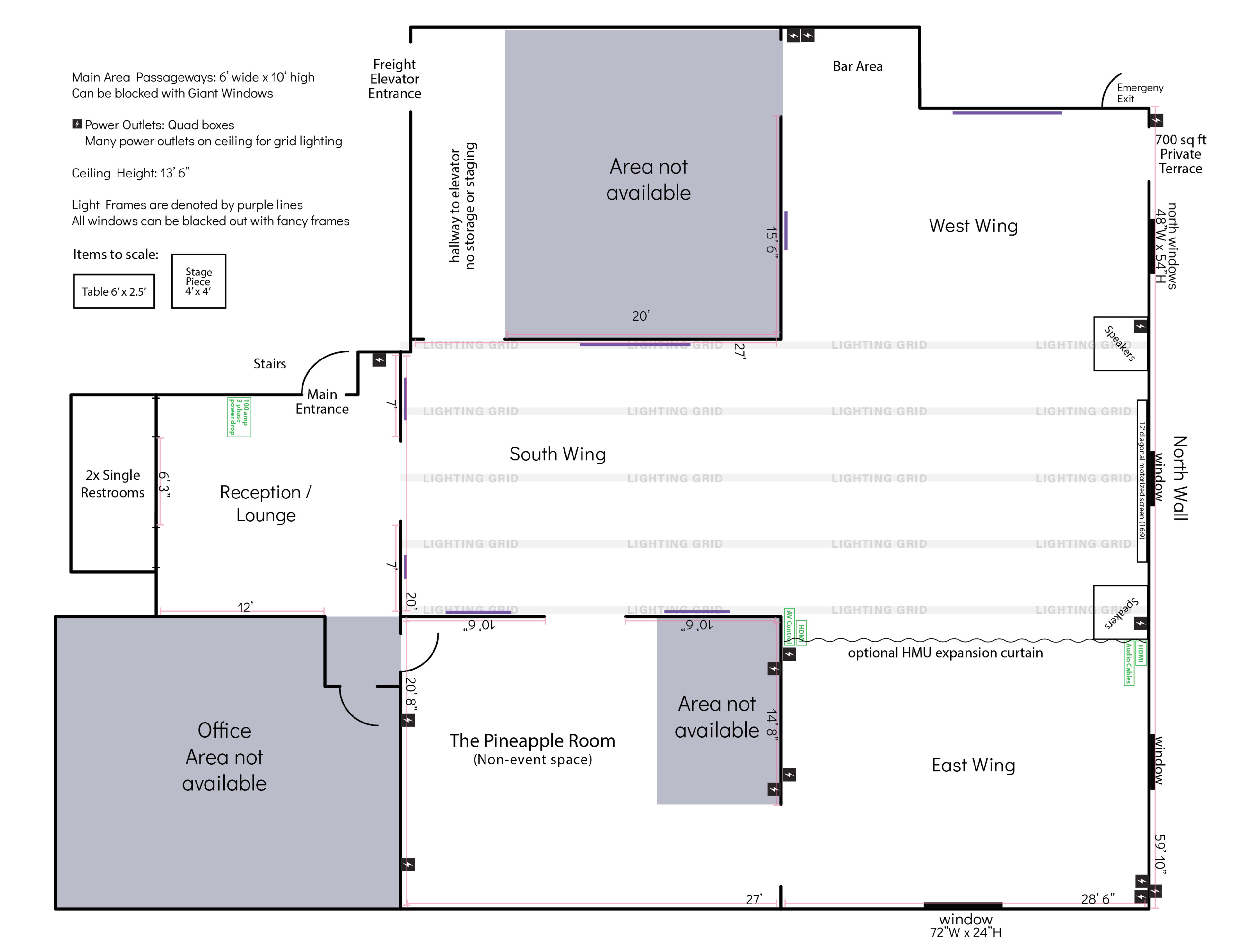 A floor plan of a building layout, featuring designated areas such as a main entrance, office area, bar, and various wings labeled west, south, and east, with some areas marked as unavailable.