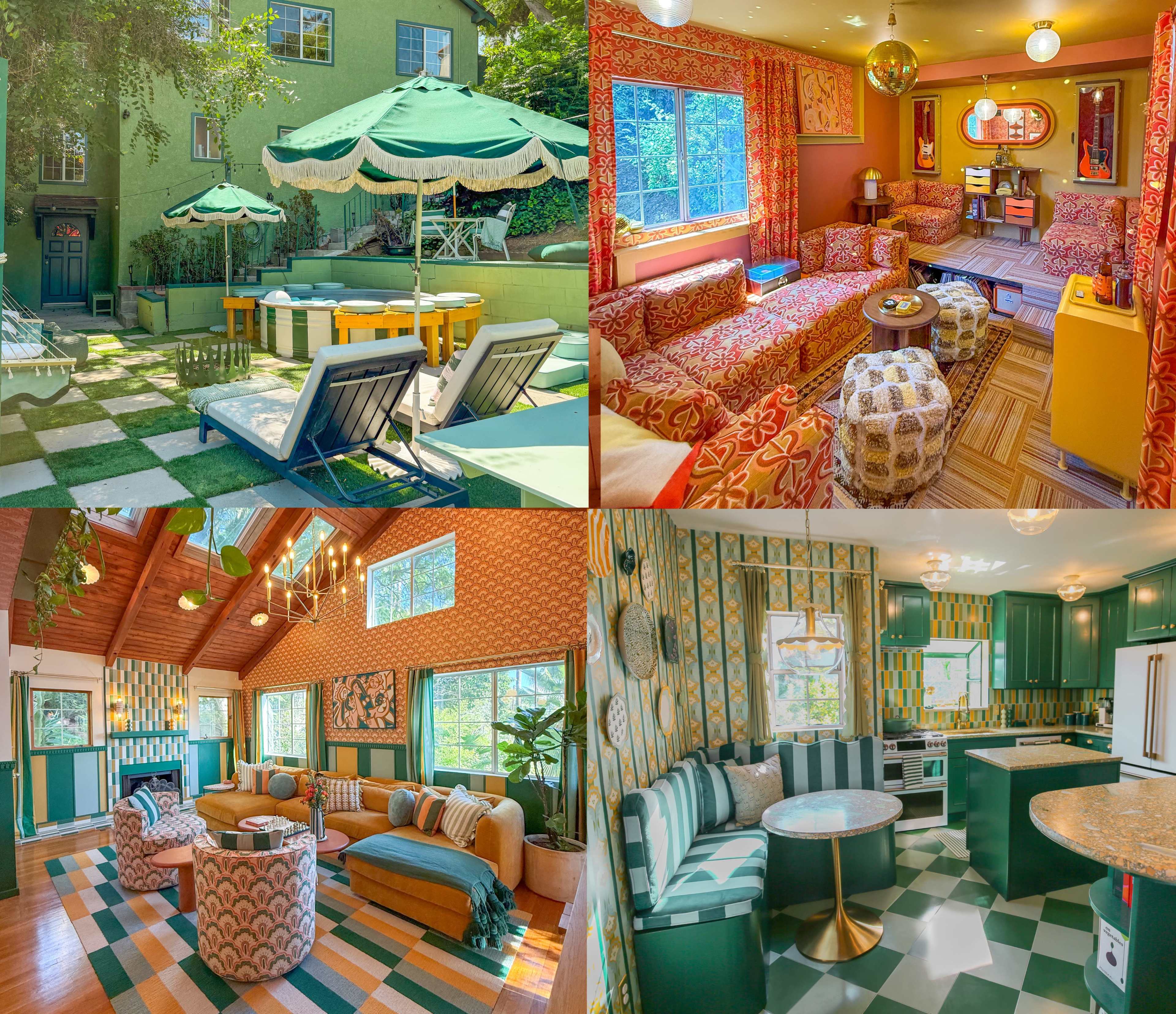 The image features four distinct areas of a stylish and colorful home, including an outdoor patio with lounge chairs and umbrellas, a vibrant living room with patterned furniture, a cozy space with a high ceiling, and a modern kitchen decorated with geometric patterns.