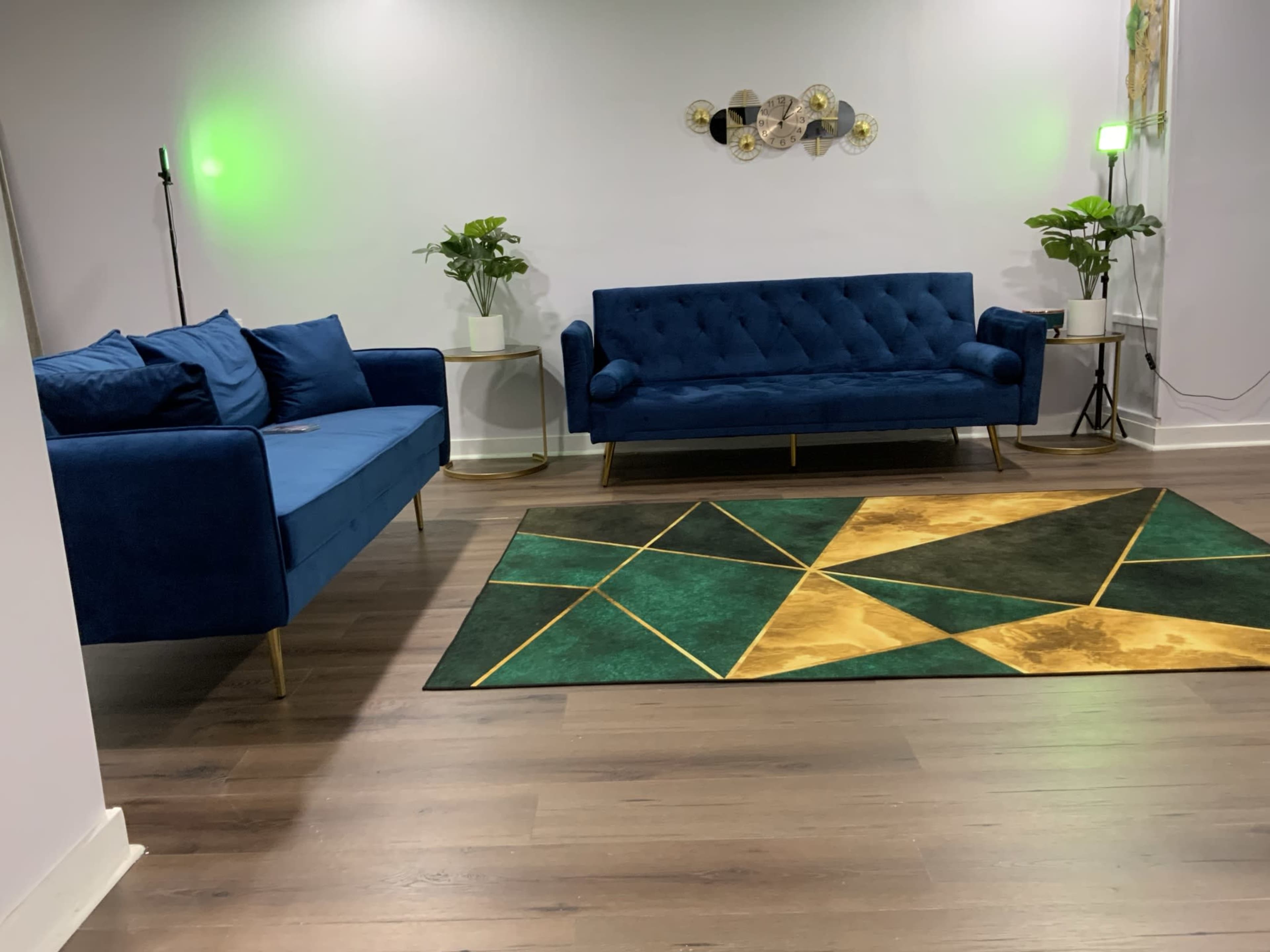 A modern living room with two blue sofas, a geometric area rug in green and gold, and plants in white pots.