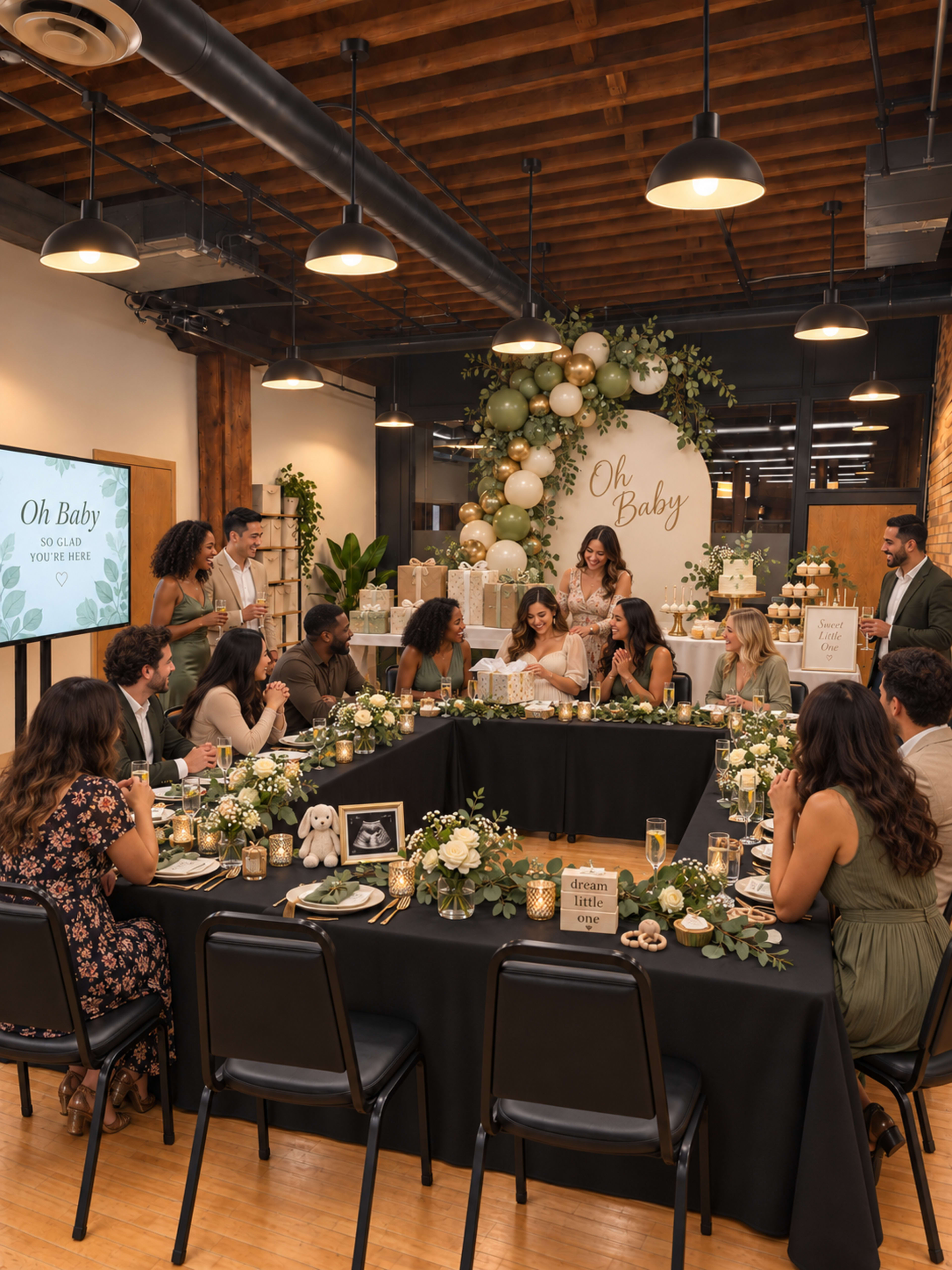 A group of people gathers around elegantly set tables for a celebration in a stylishly decorated venue, featuring greenery and balloons.
