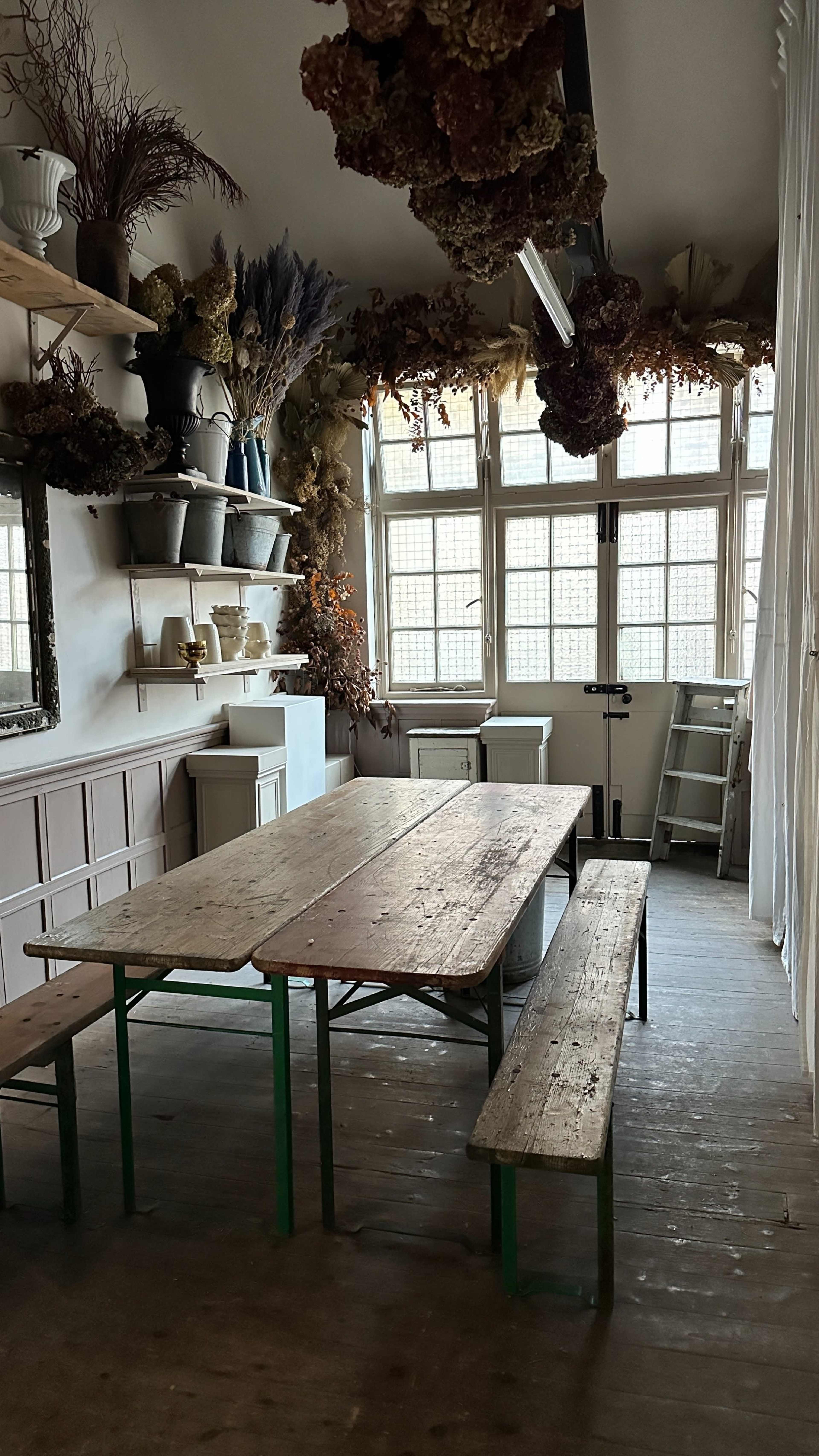 The image shows a rustic, light-filled room with a wooden table and benches, surrounded by shelves of plants and dried flowers.