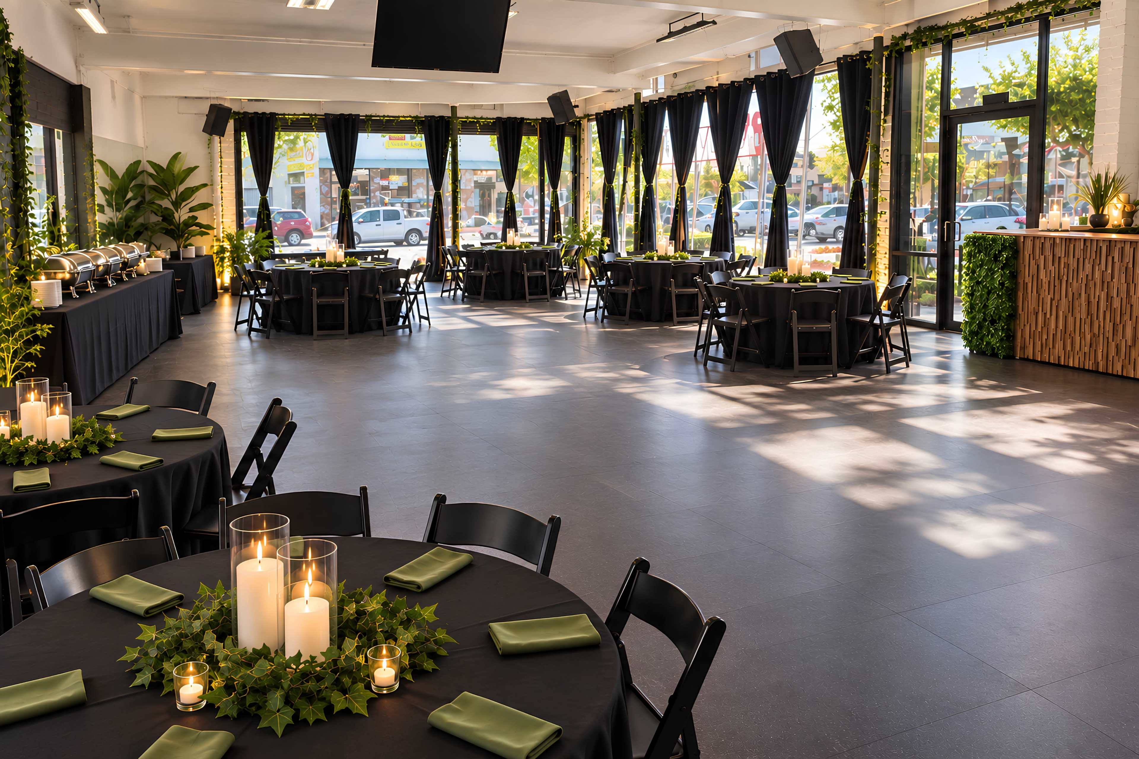 A spacious event venue features round tables set with dark tablecloths and green napkins, illuminated by natural light through large windows.