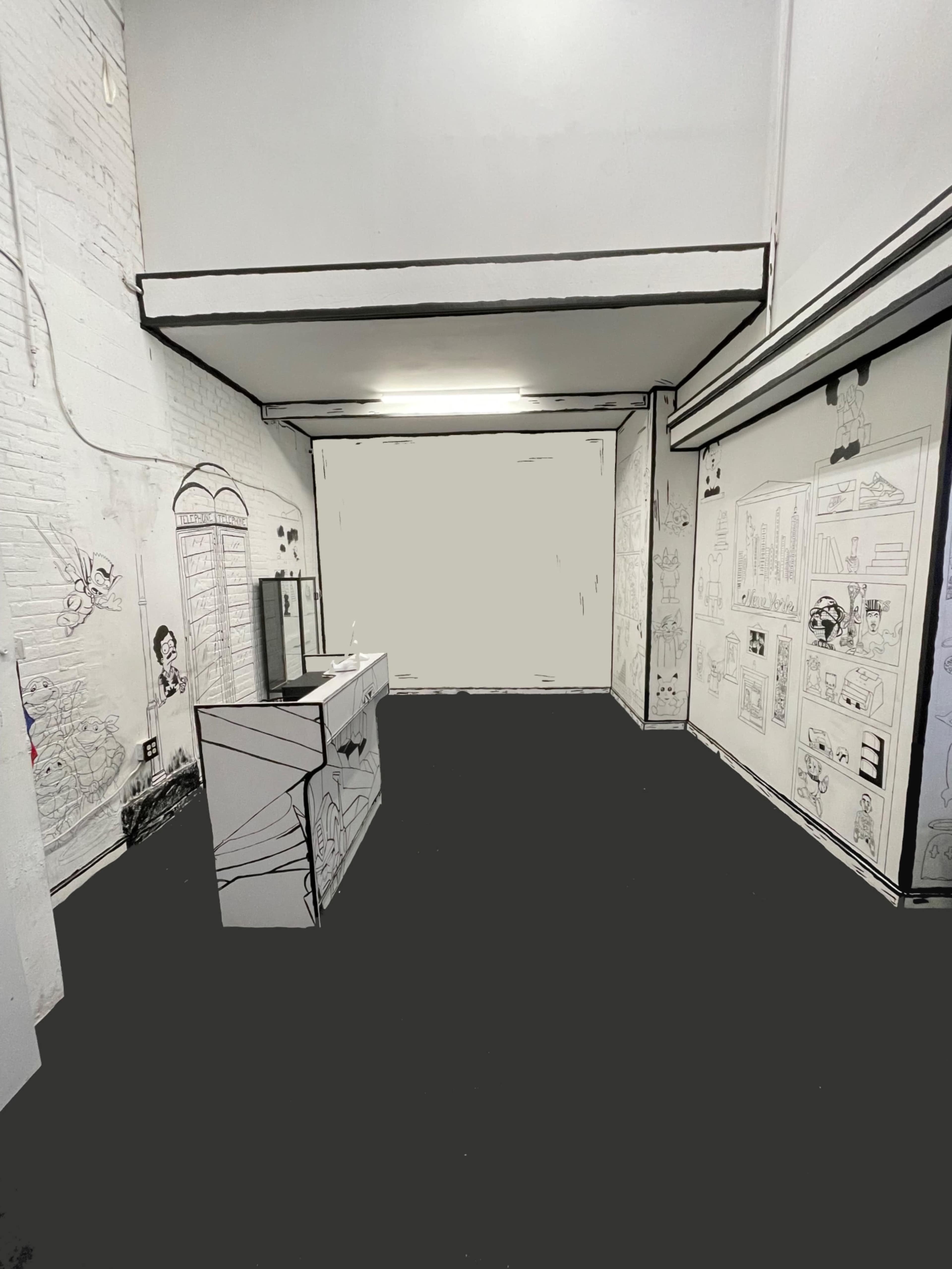 A minimalist room with black walls and a white counter, featuring illustrated monochrome drawings on the walls.