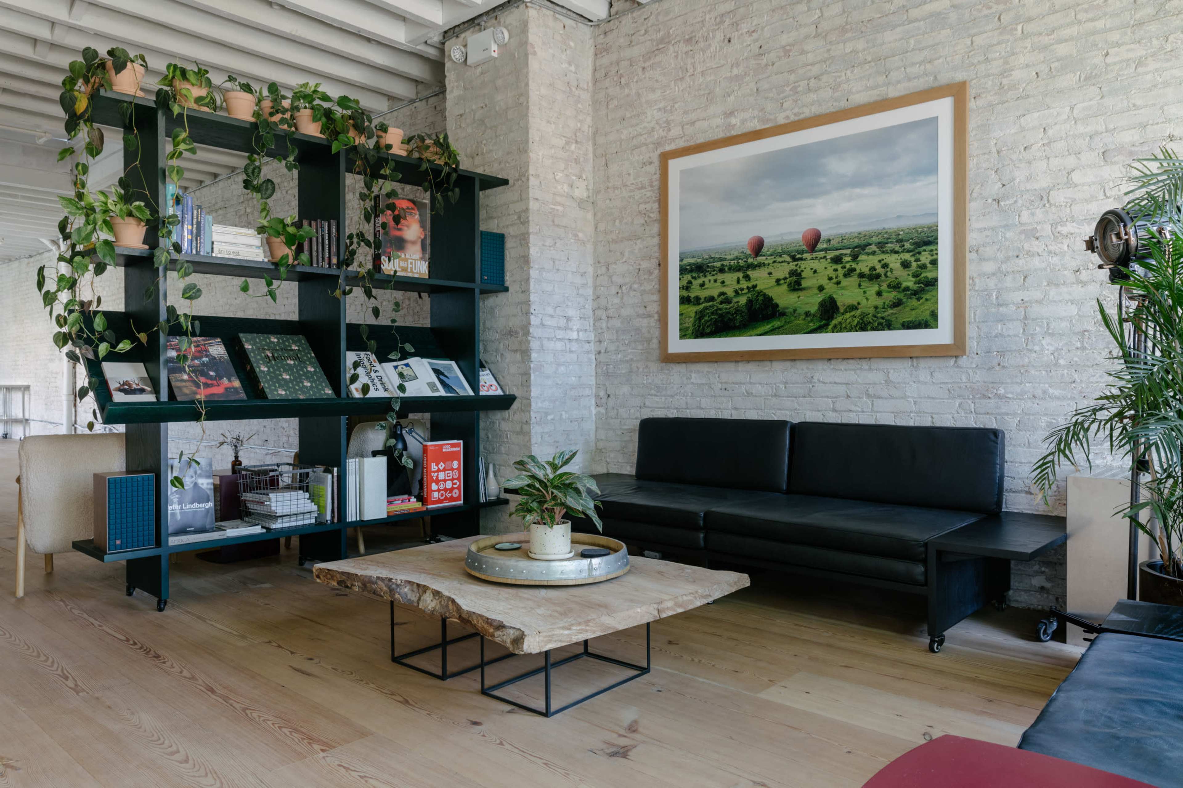 A modern interior space featuring a black seating area, a wooden coffee table, a green bookshelf with plants, and a large landscape photograph on the wall.