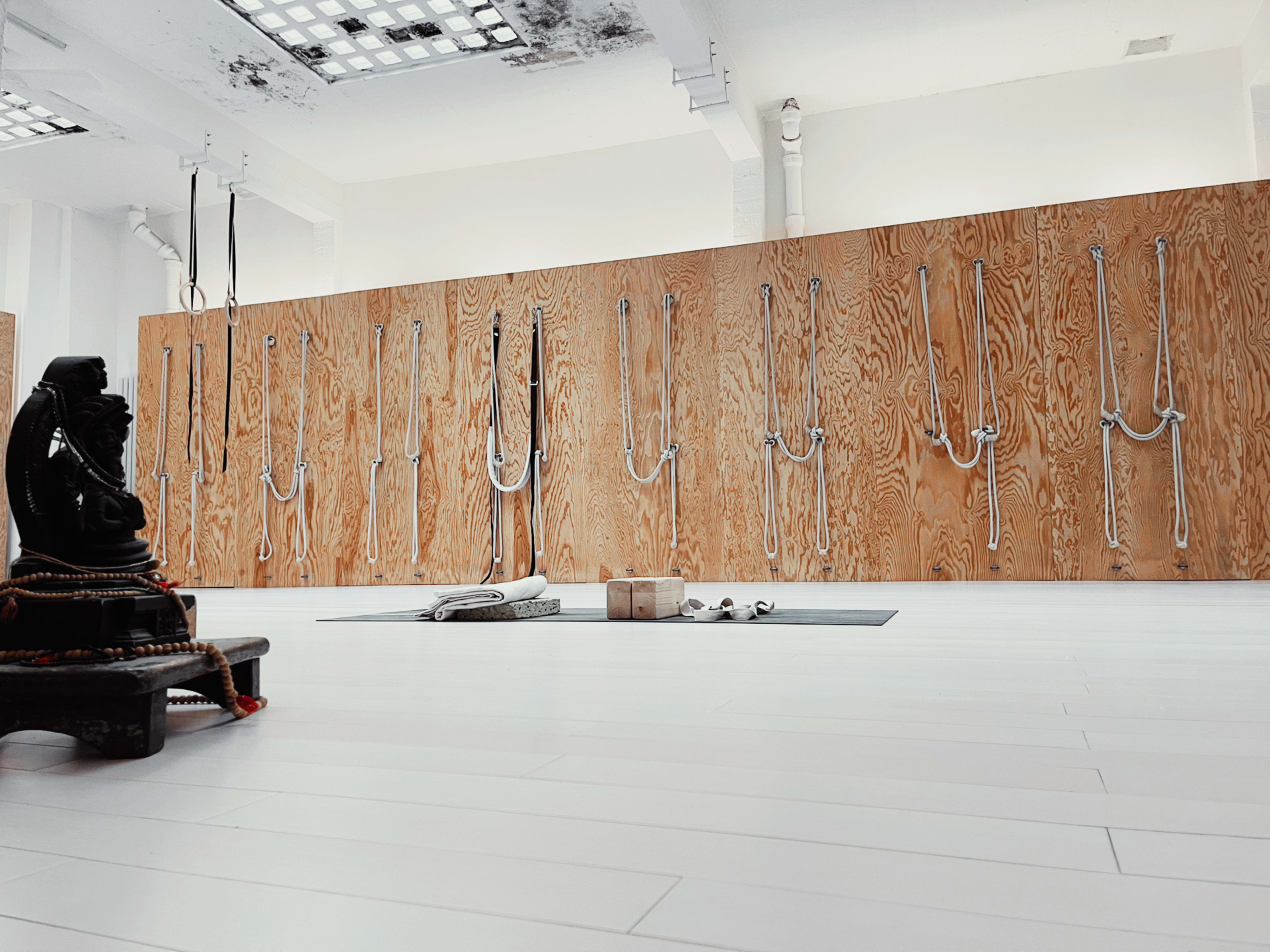 A spacious yoga studio with wooden walls outfitted with ropes and mats scattered on a white floor.