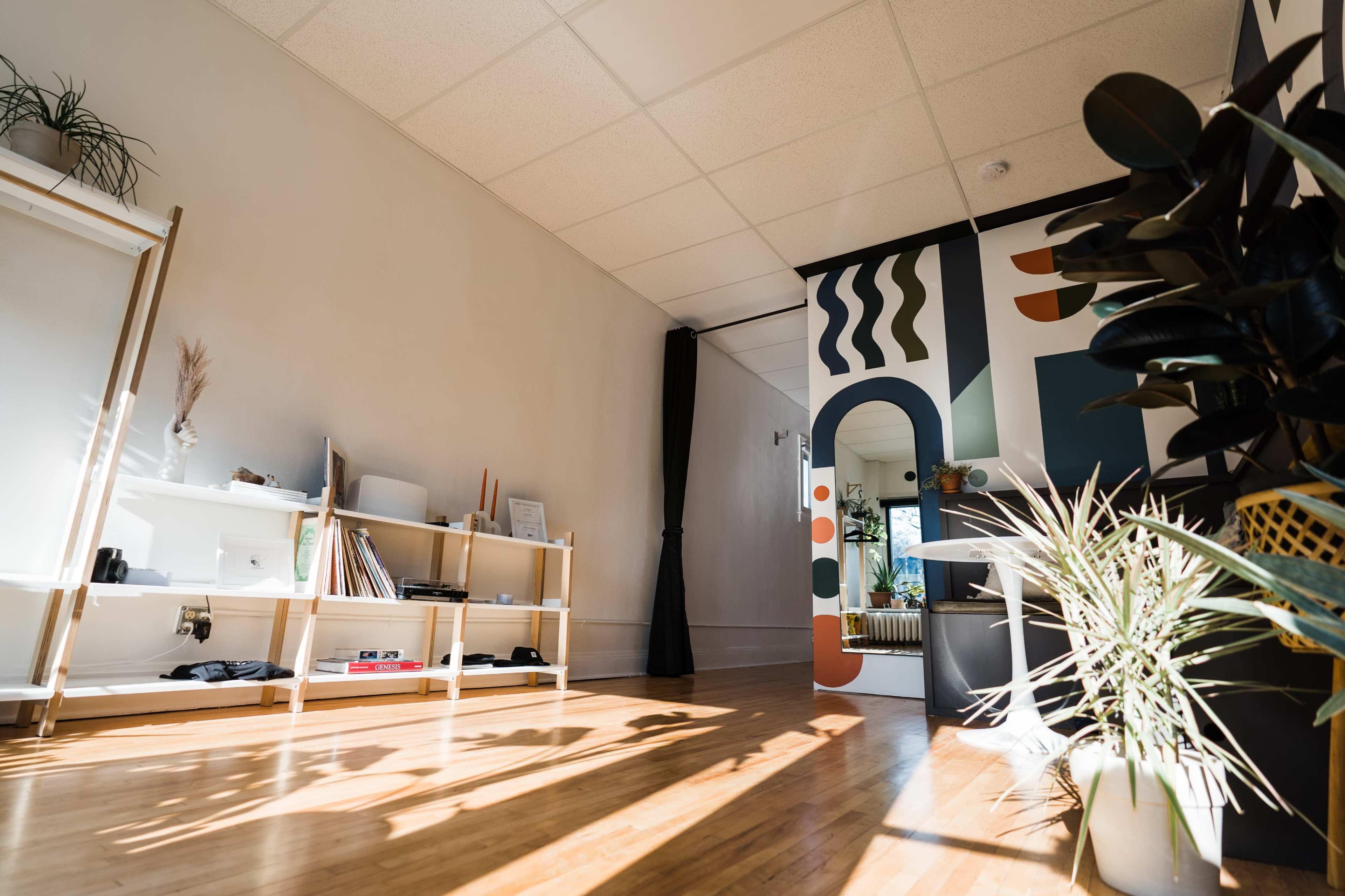 A well-lit room features wooden floors, shelves with books and decor, and a wall with geometric artwork.