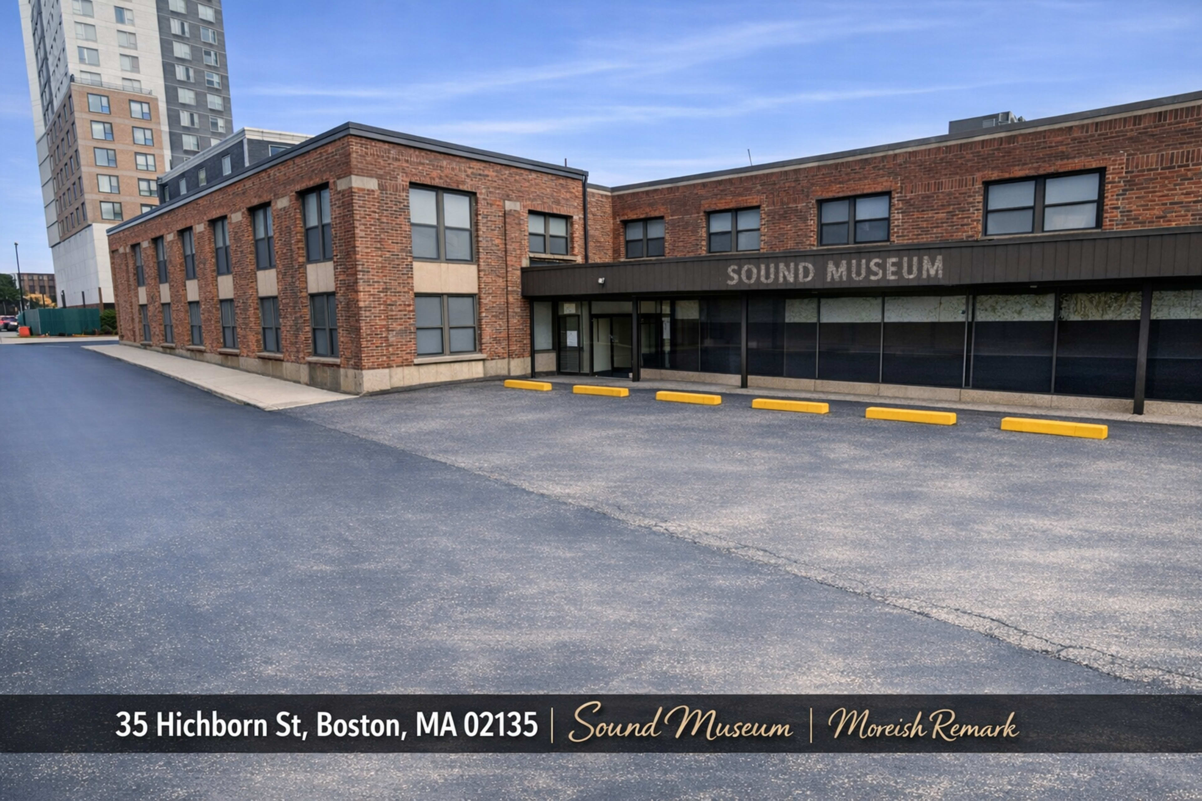 The image shows the exterior of a brick building labeled "Sound Museum" located at 35 Hitchborn St, Boston, MA 02135, with an empty parking lot in front.