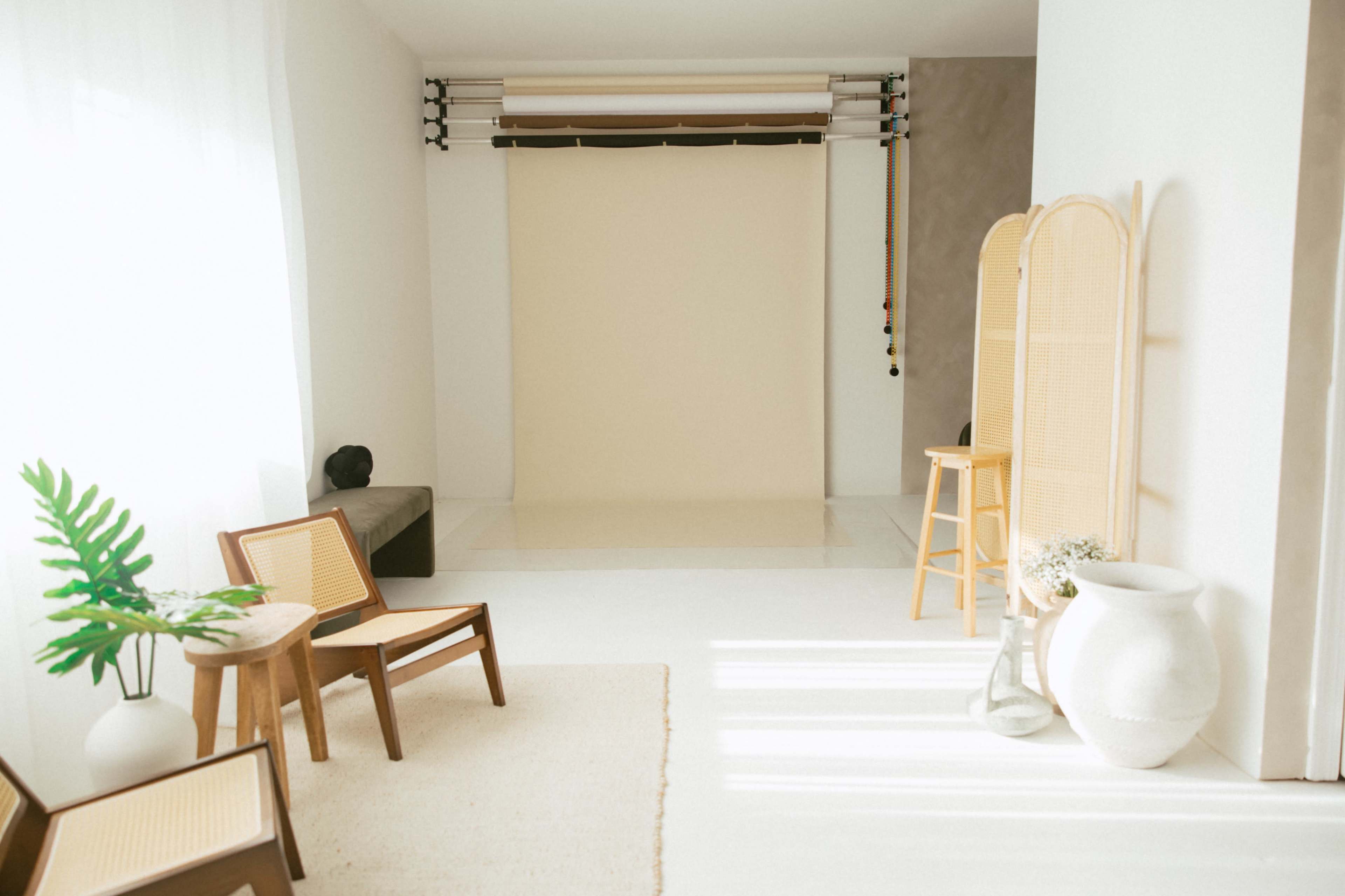 The image shows a minimalistic studio interior with a beige backdrop, wooden furniture, and a green plant.