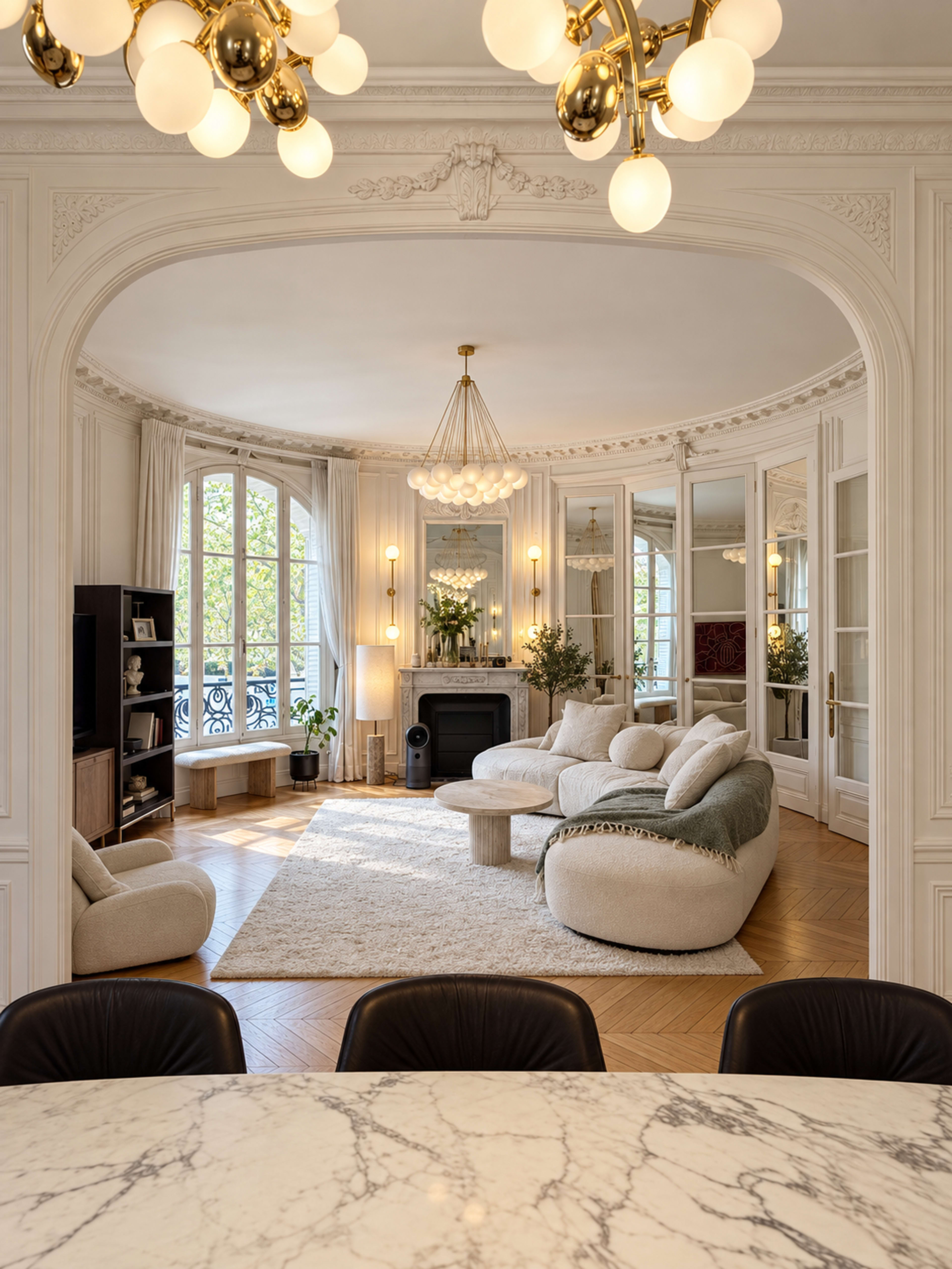 The image shows a stylish living room with large windows, cream-colored sofas, a round coffee table, and a decorative fireplace surrounded by mirrors and plants.