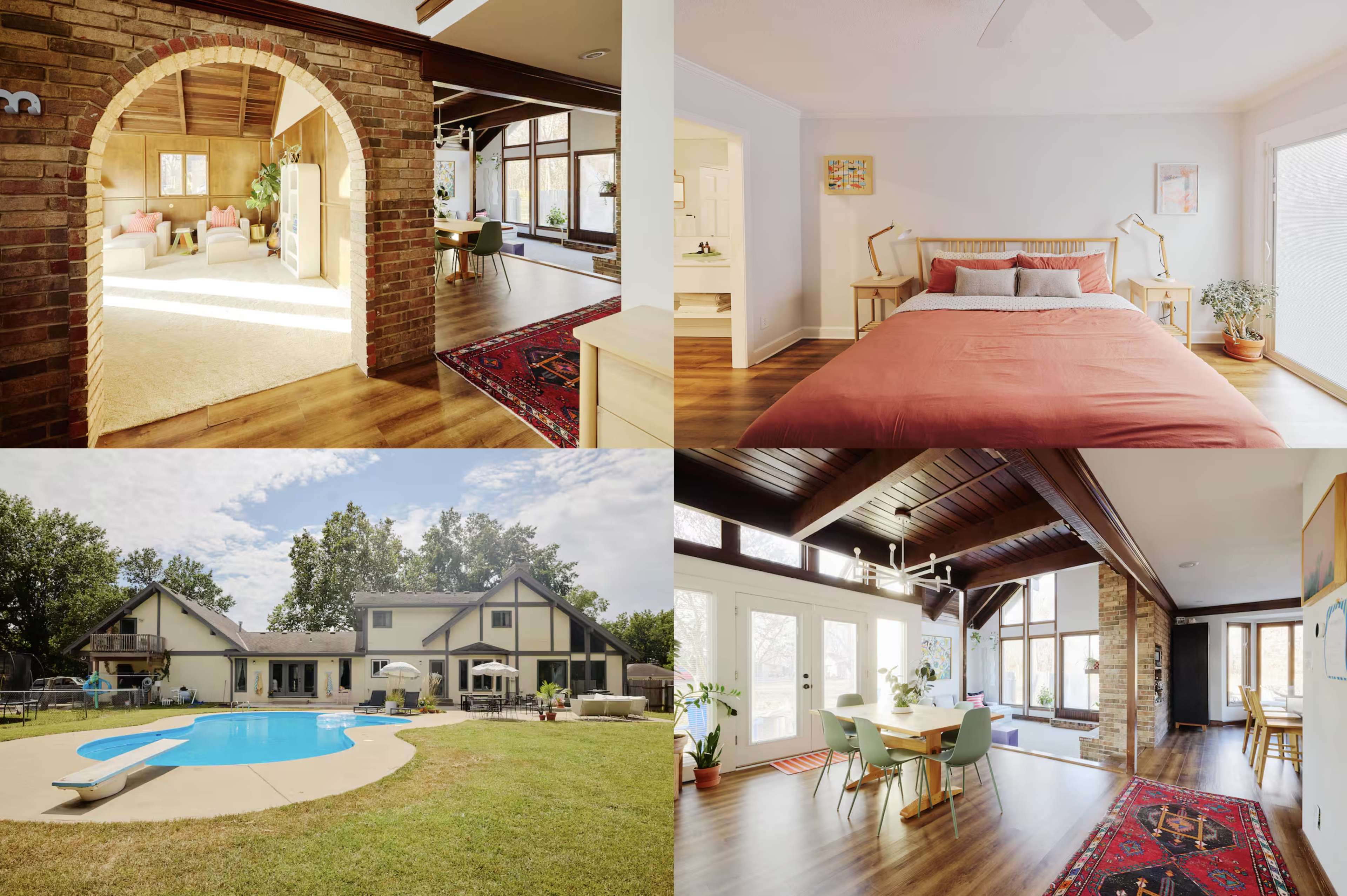 The image shows a collage of photos featuring an interior space with arches and large windows, a cozy bedroom, an outdoor pool area with a house in the background, and a dining area with modern decor.