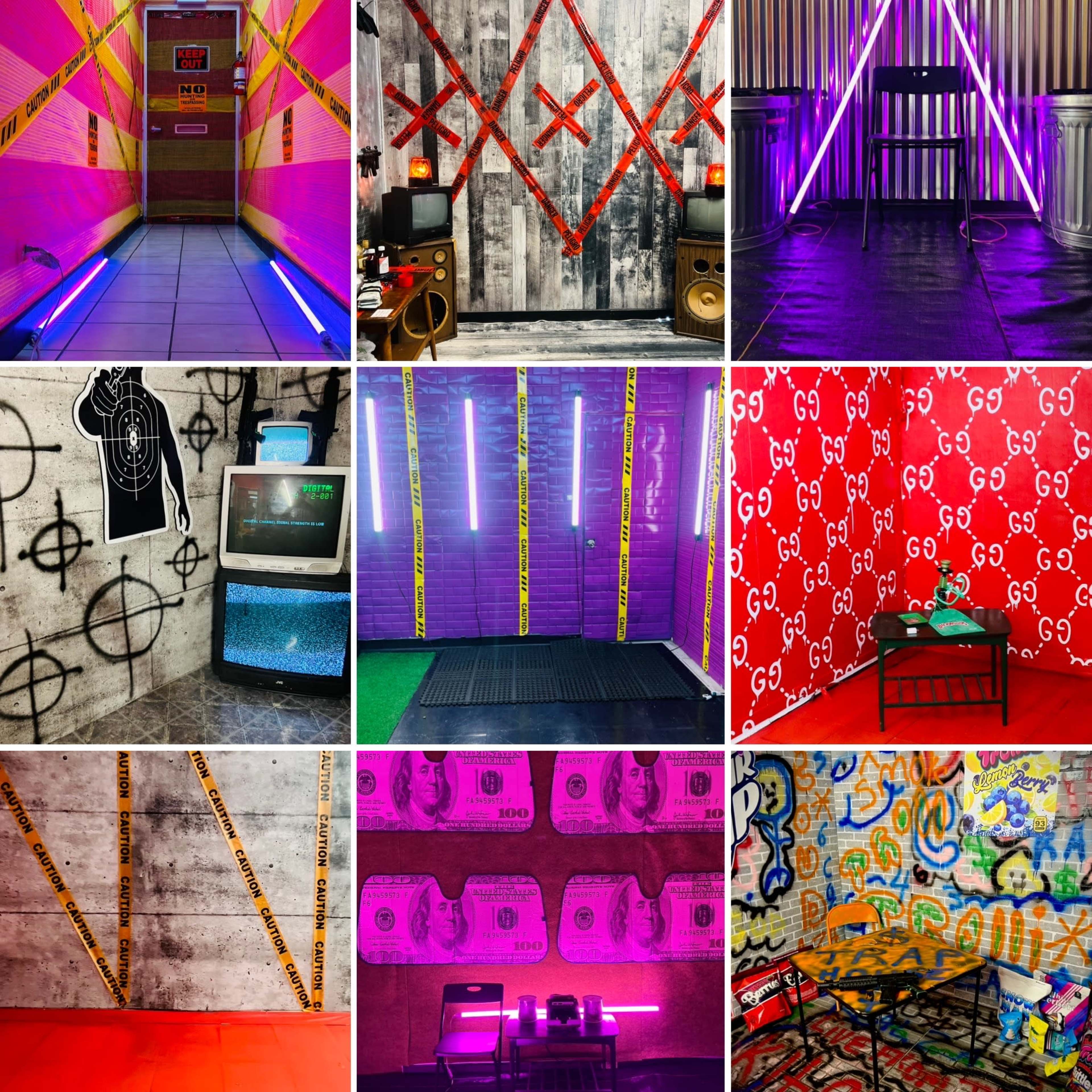 The image displays a collage of various themed rooms featuring neon lighting, caution tape, and target graphics on the walls.