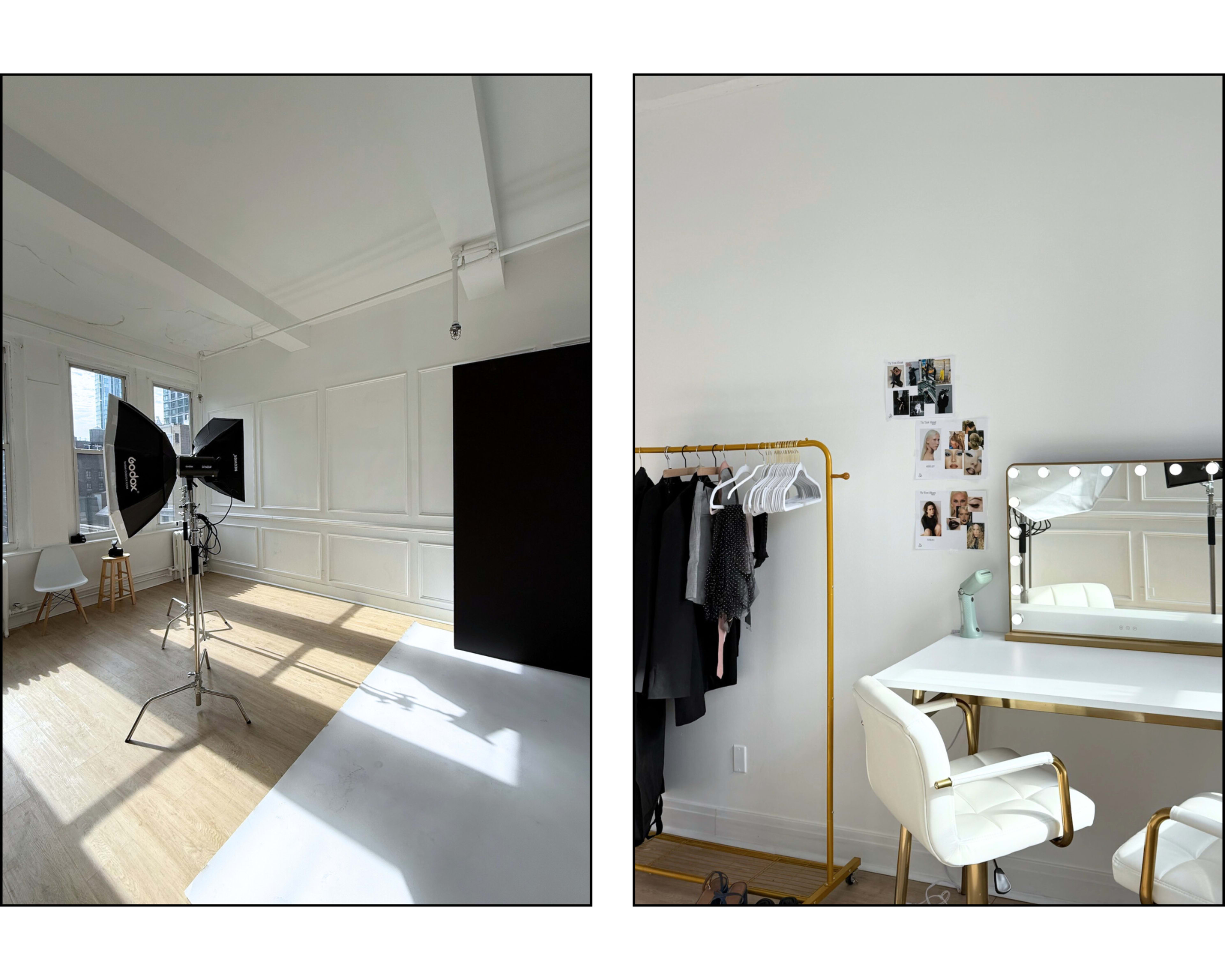 The image shows a bright, spacious photo studio with a large light setup on the left and a dressing area featuring a mirror and clothes rack on the right.