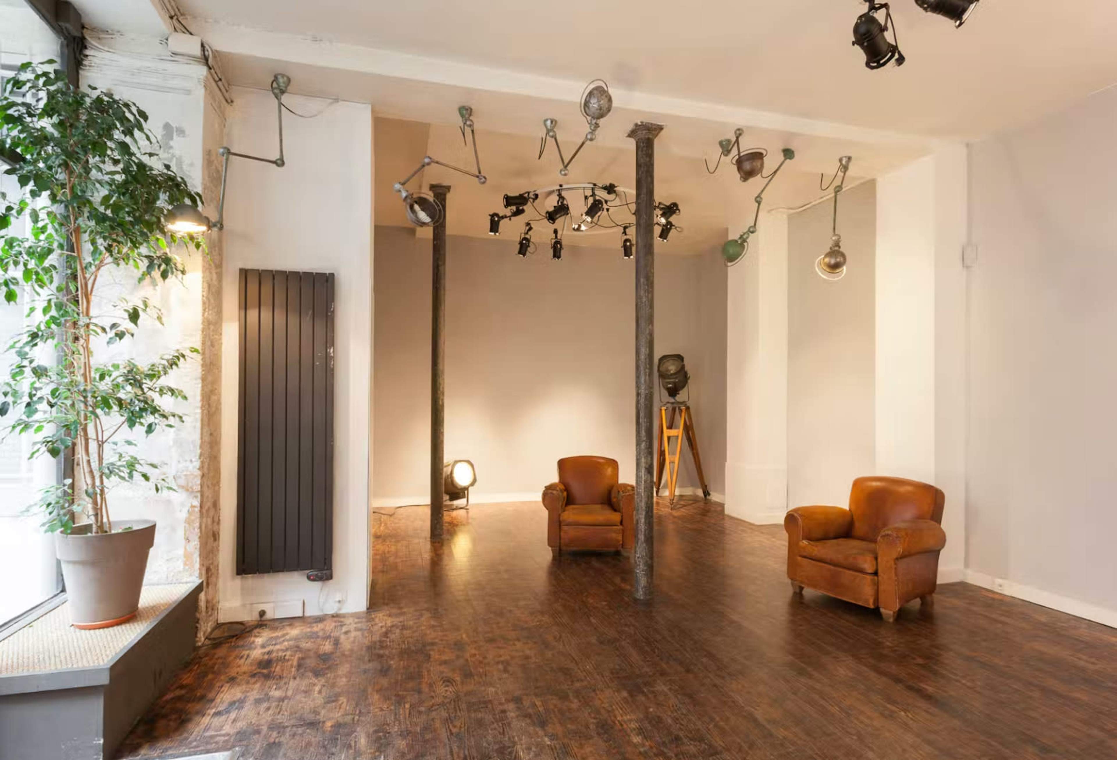 The image shows a spacious interior with two brown armchairs, a potted plant near the window, and various light fixtures mounted on the walls and ceiling.