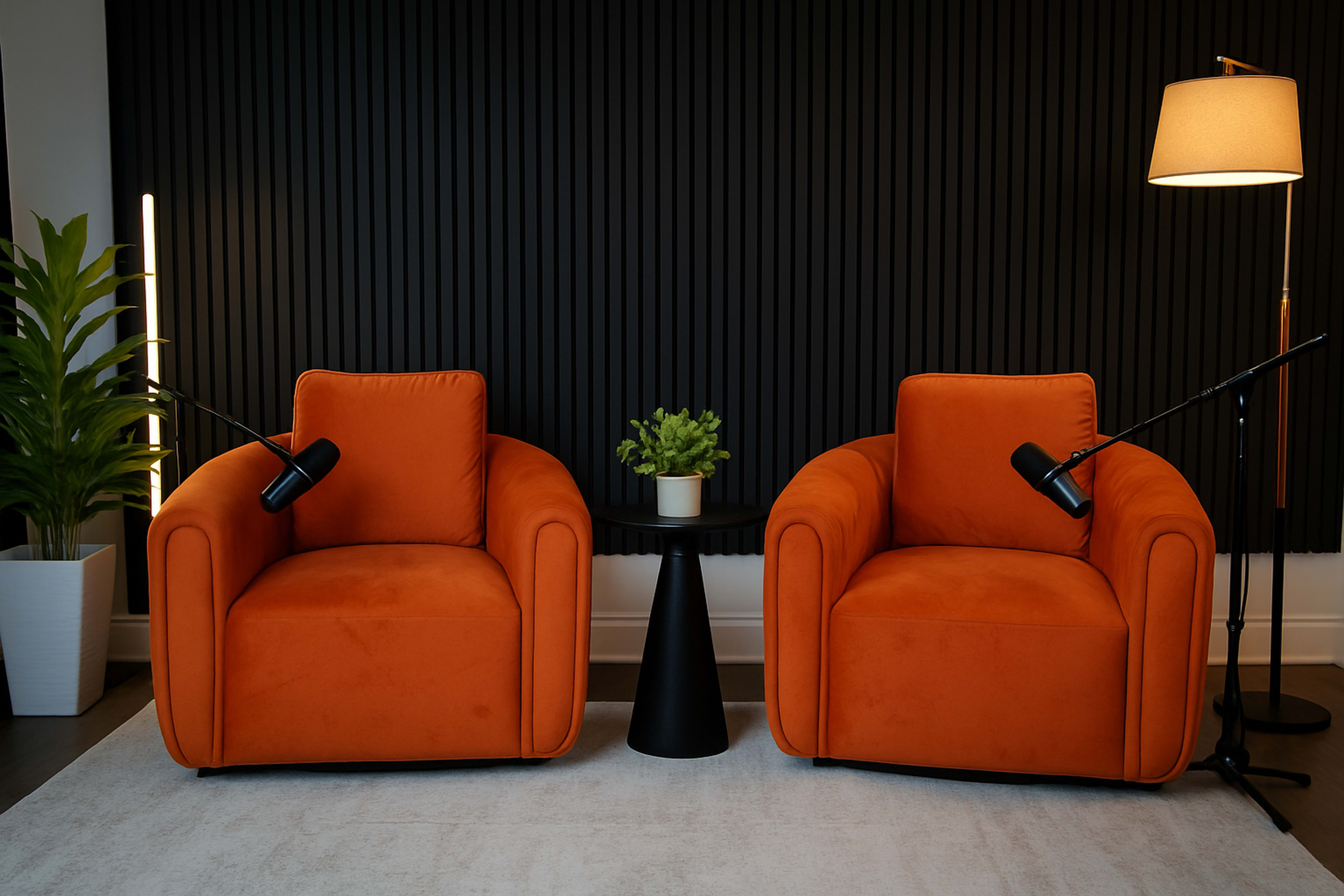 Two orange armchairs are positioned across from each other next to a small black table with a plant, set against a backdrop of dark vertical slats.