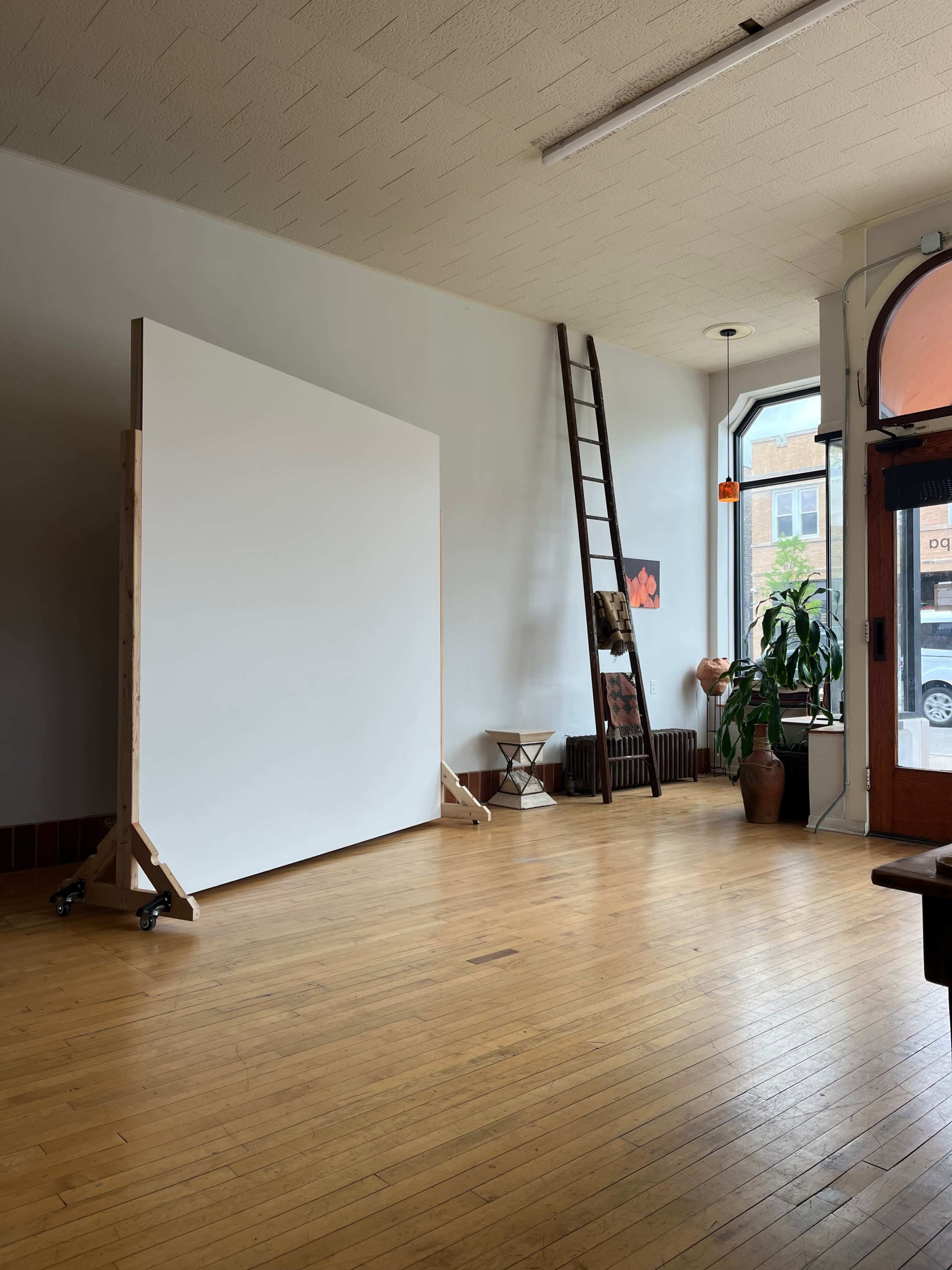 The image shows a spacious room with a large blank canvas on wheels, a wooden ladder against the wall, and various plants near a window.