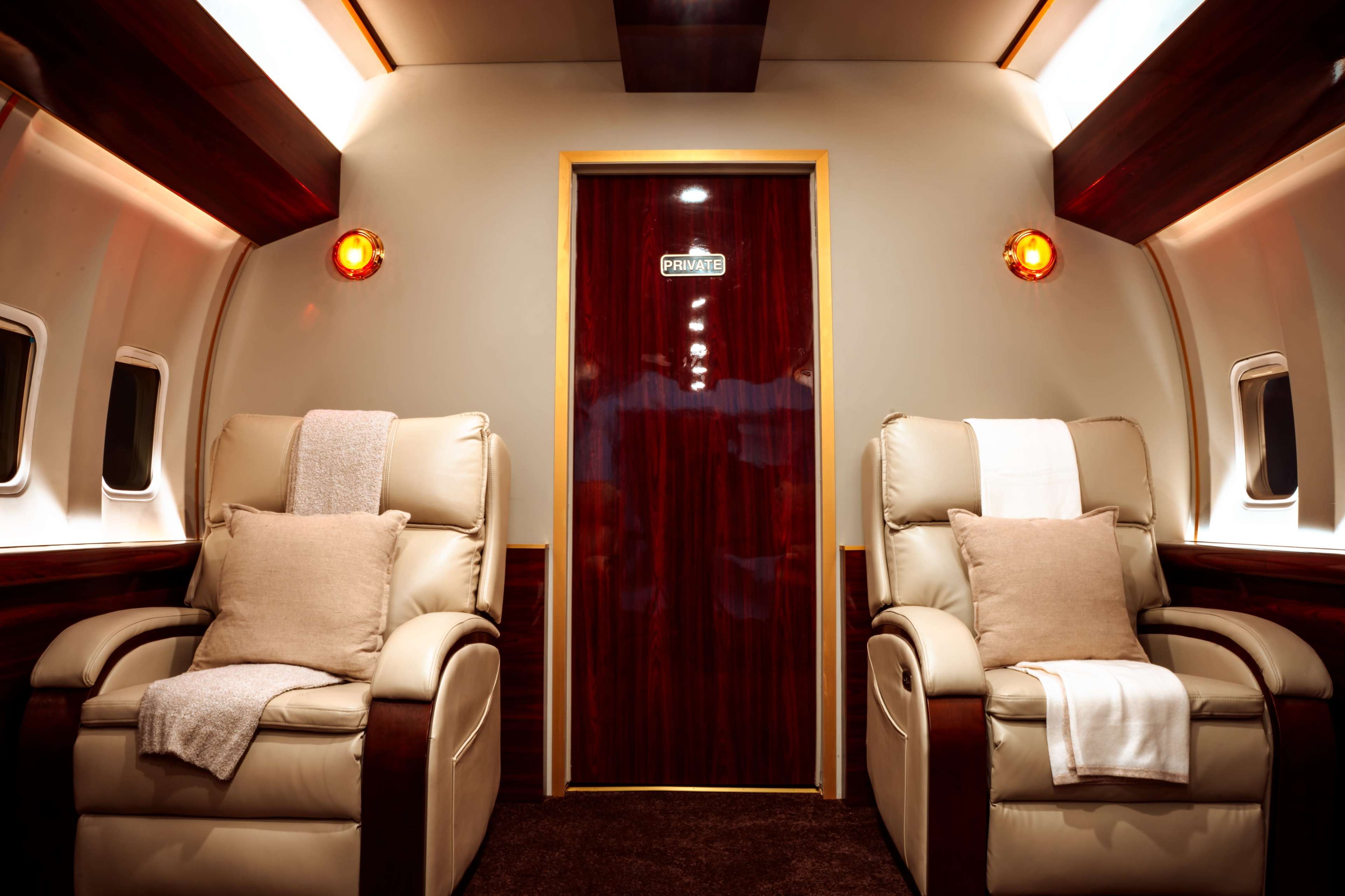 The image shows the interior of a luxury private jet featuring two reclined leather chairs, a wooden door labeled "PRIVATE," and soft lighting.