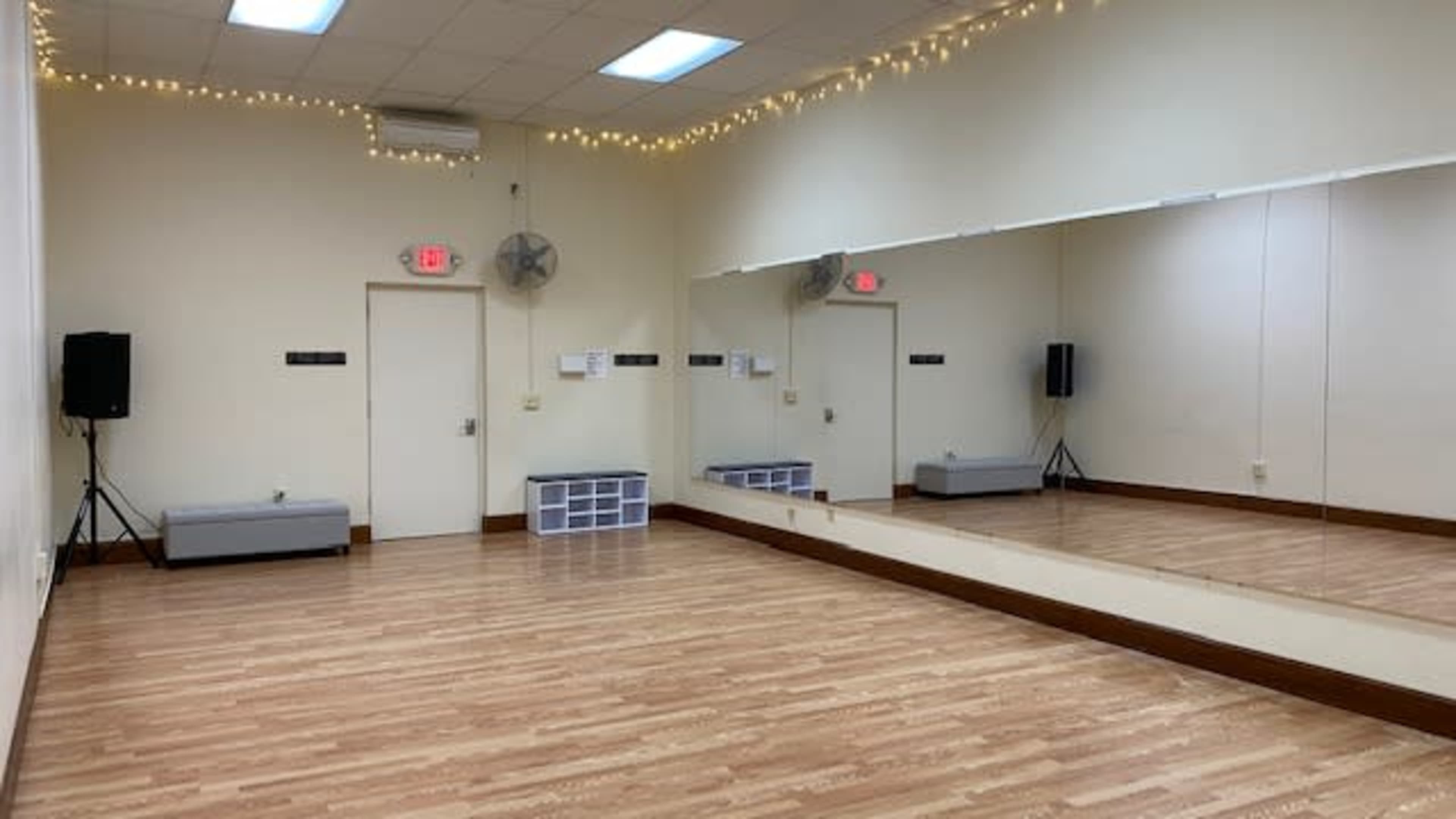 An empty dance studio with wooden flooring, a large mirror on one wall, and minimal decor, including lights along the ceiling.