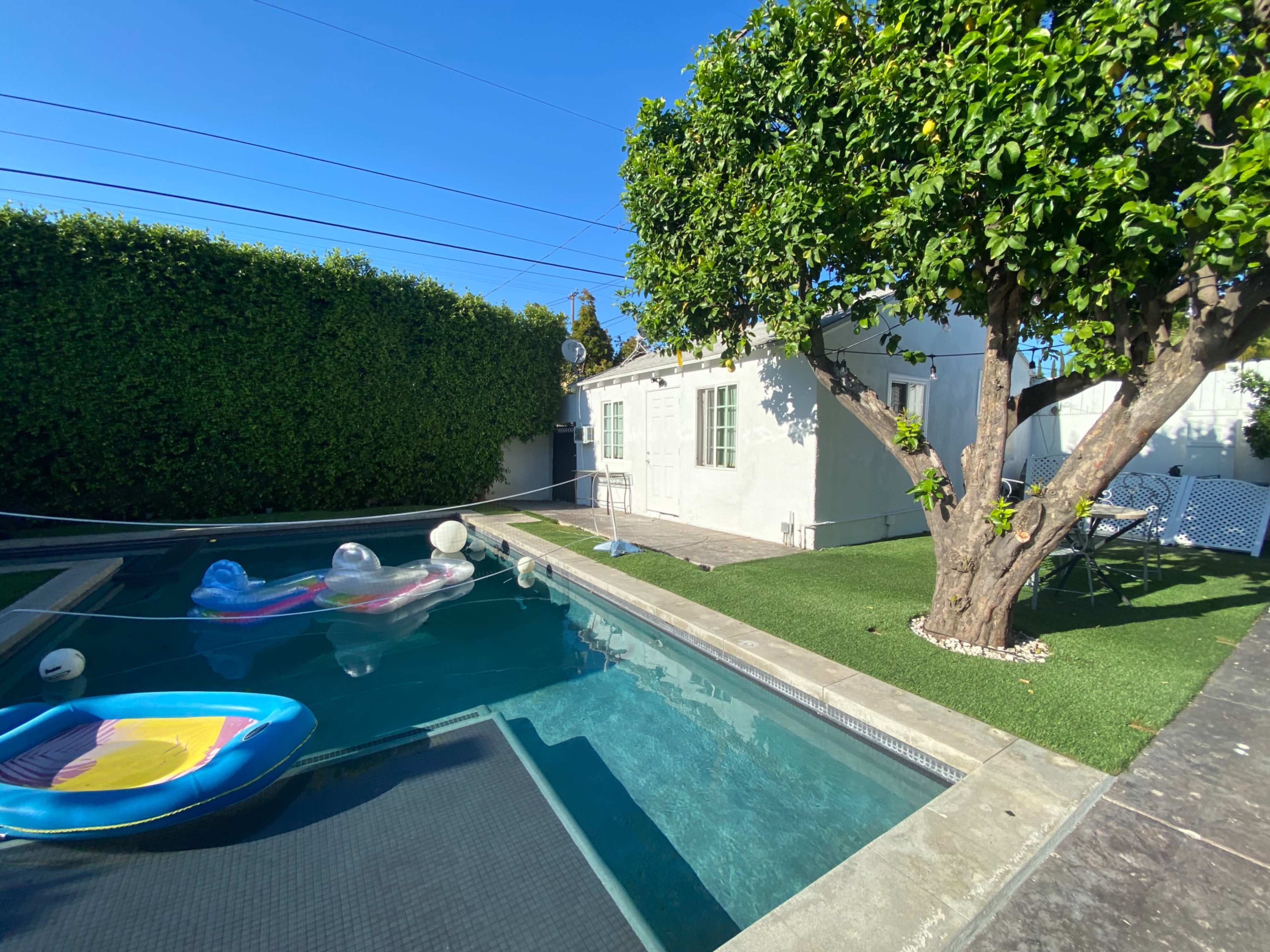 A backyard pool area with inflatable floats, a tree, and a white building in bright sunlight.