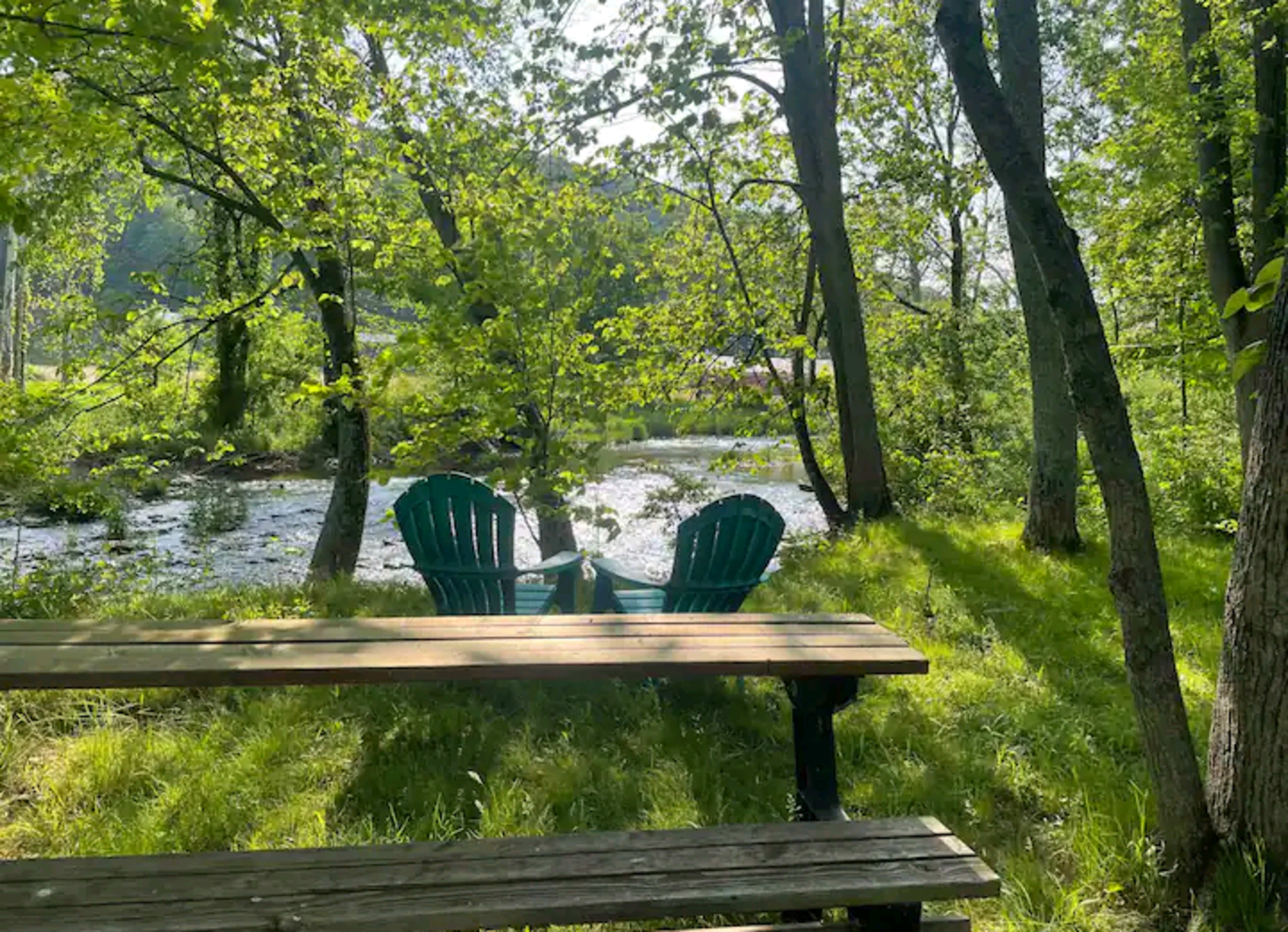 The scene features a wooden picnic table in front of two green Adirondack chairs by a river, surrounded by trees and lush grass.