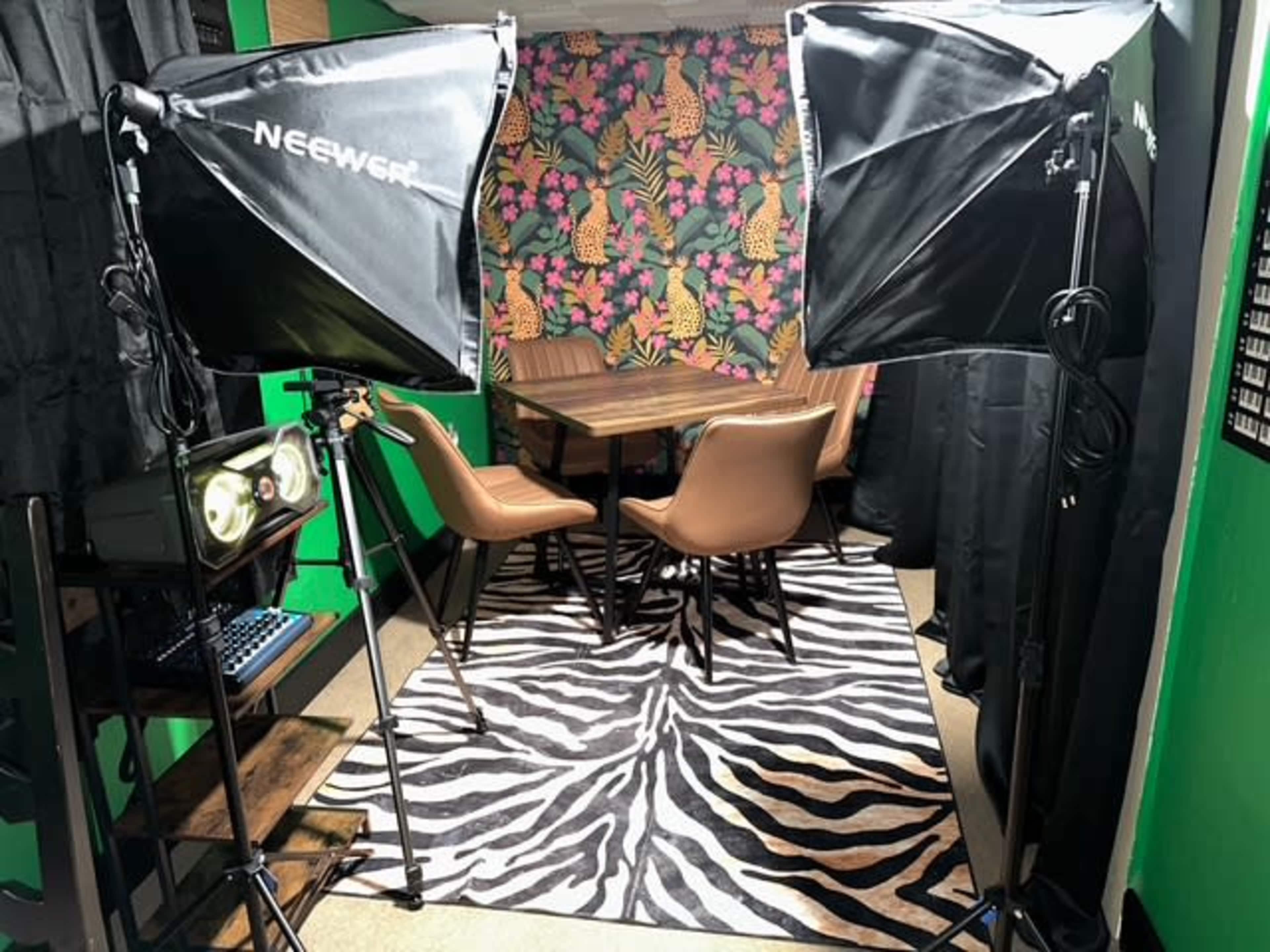 The image shows a brightly colored room with a patterned wall, two softbox lights, a zebra-striped rug, and a wooden table surrounded by four chairs.