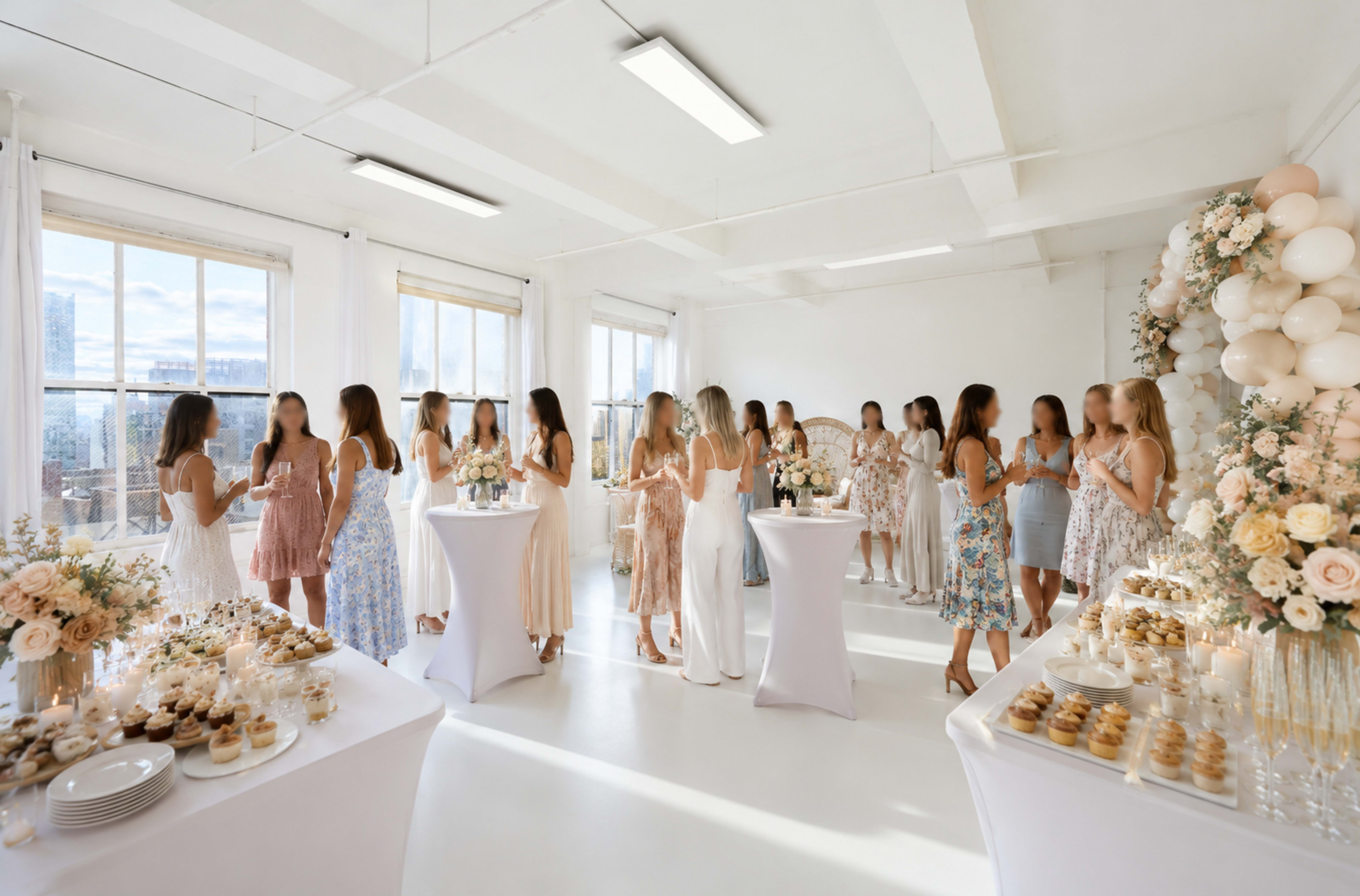 Women are gathered in a bright, modern room filled with food tables and a balloon decor for a celebration.