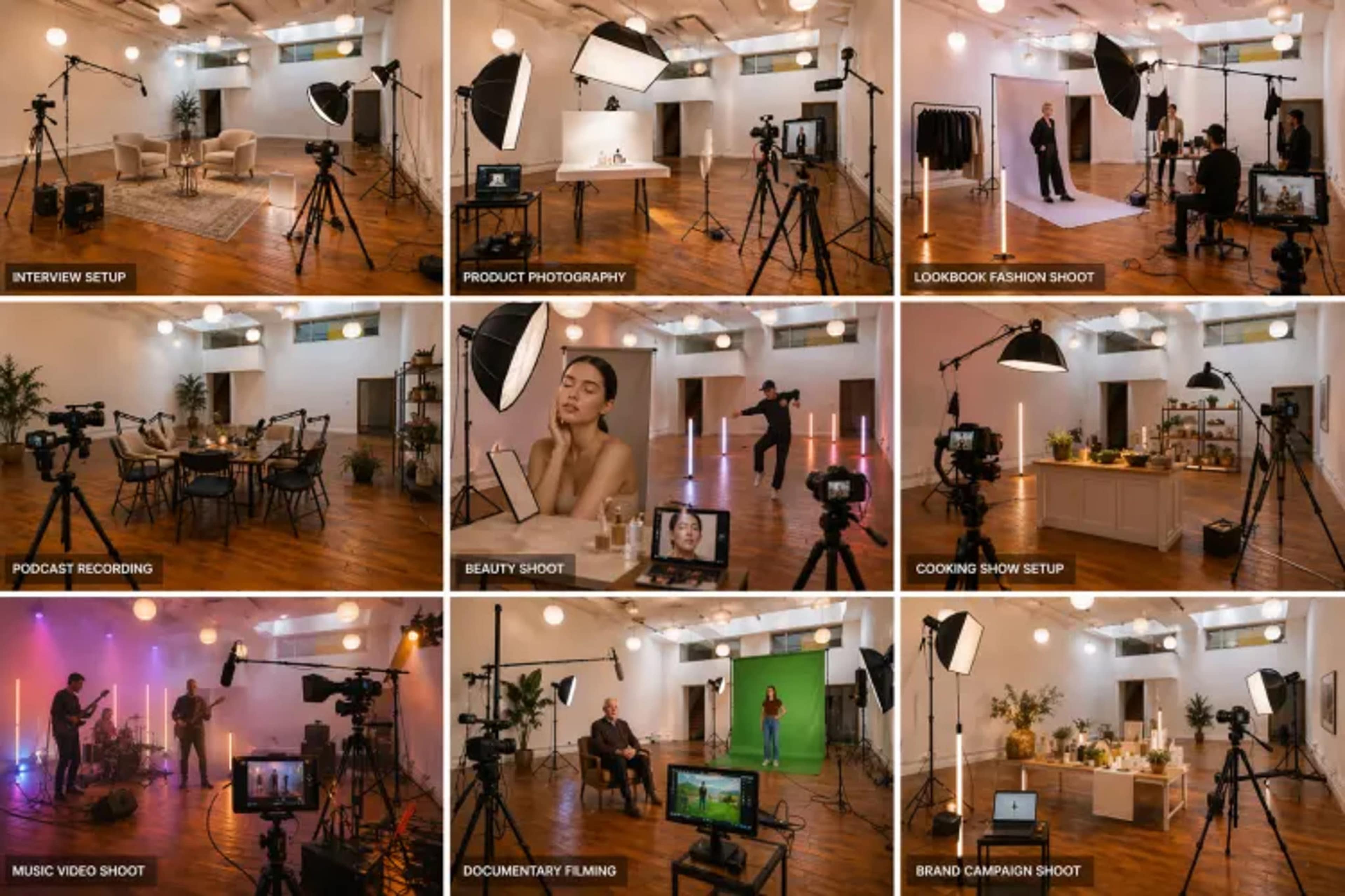 The image displays various photography and video production setups, including interview scenes, product photography, fashion shoots, podcast recording, and more, all staged in a well-lit studio environment.