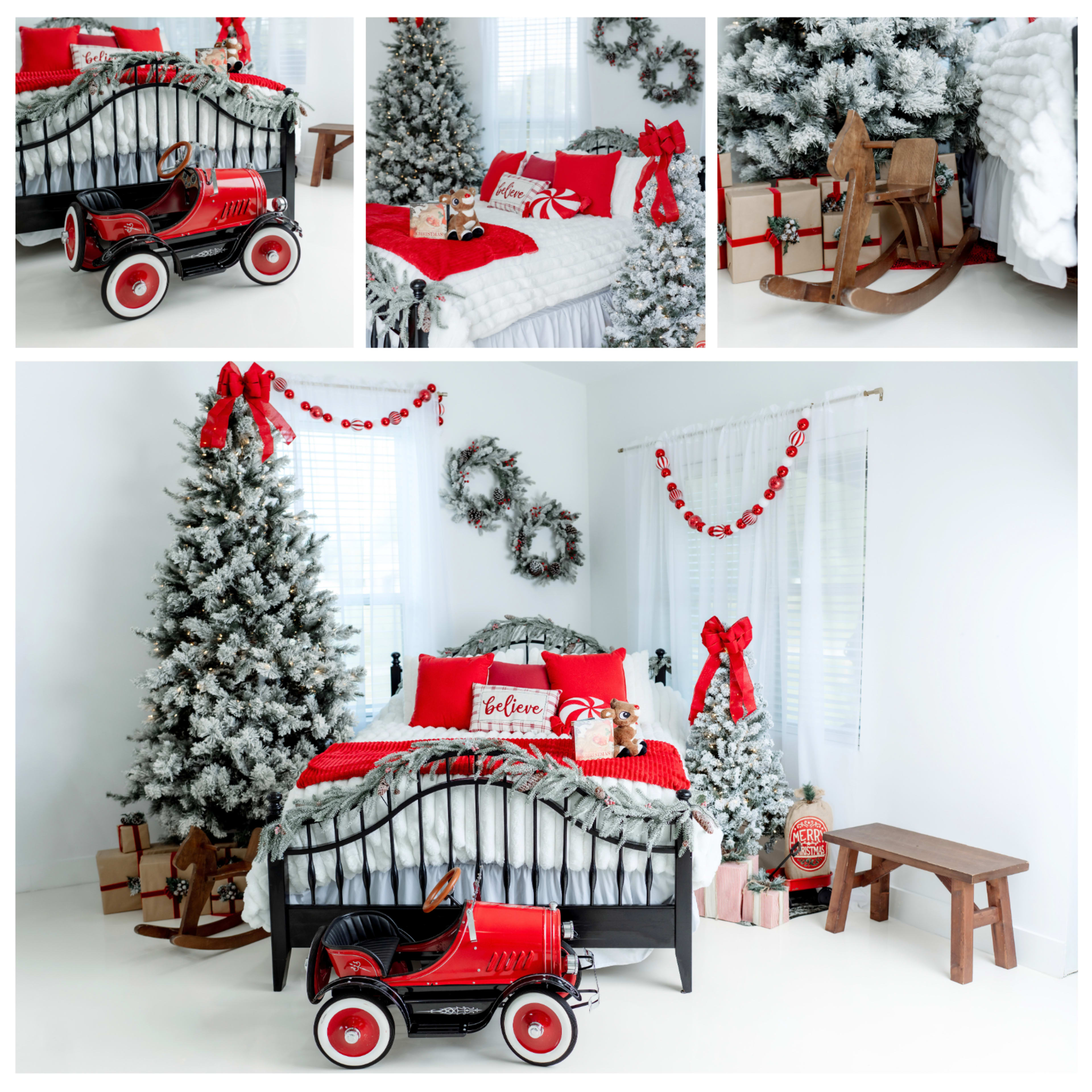 The image showcases a festive bedroom decorated with a Christmas theme, featuring a bed adorned with red and white pillows, a decorated Christmas tree, and holiday accents like a toy car and a rocking horse.